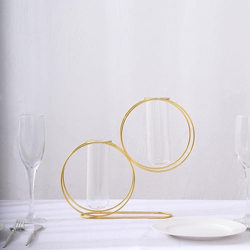 Miniatura 6 de Efavormart - Paquete de 2 jarrones de tubo de ensayo geométricos de metal dorado de 10 pulgadas, estilo nórdico, doble anillo, jarrón flotante de