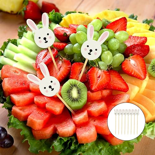 Miniatura 8 de Púas de bambú para cóctel, 100 piezas de conejo, lindo conejo, mini picas decorativas para aperitivos, palillos de fruta de madera, cabeza de