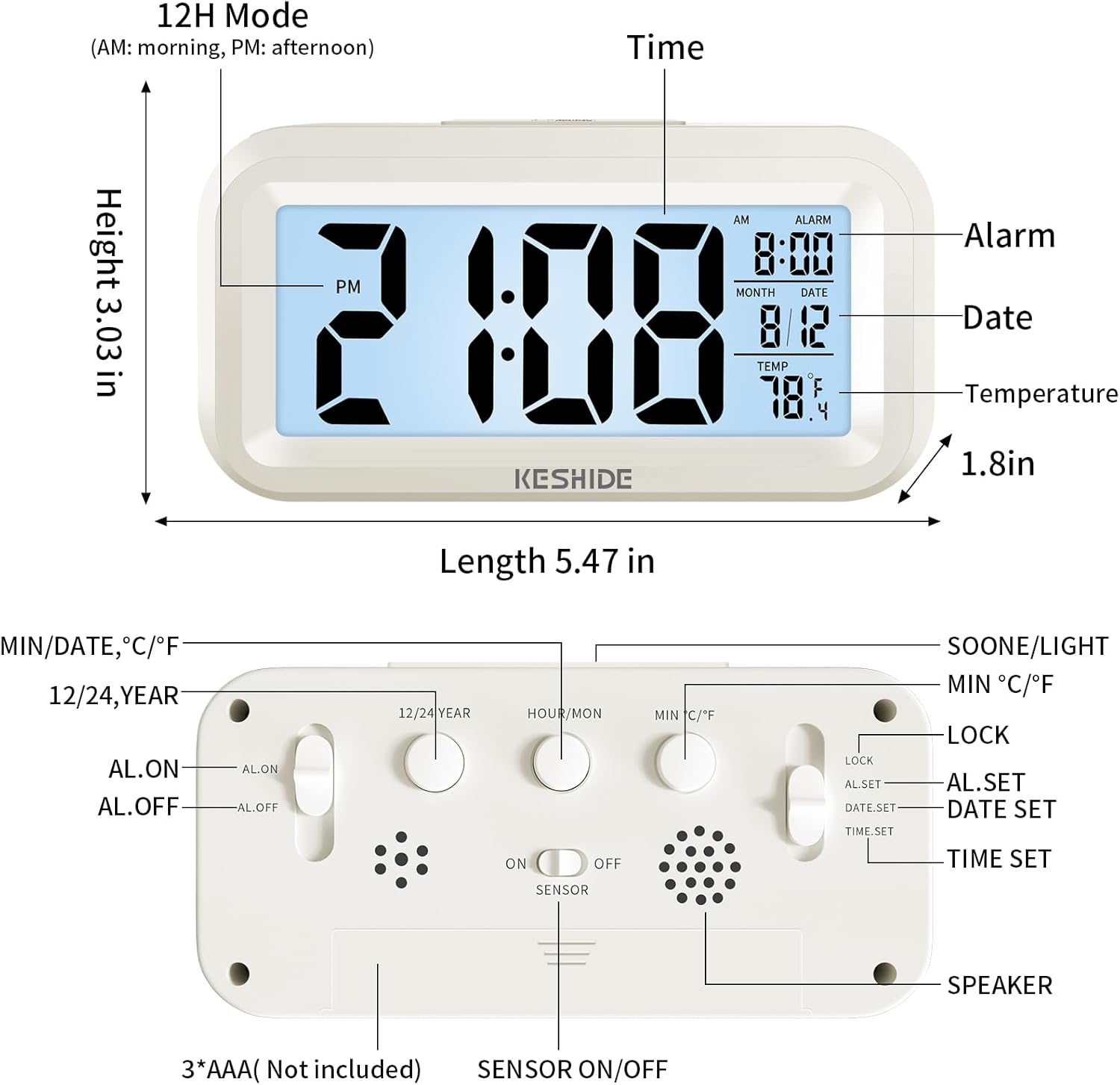Diagram of KESHIDE Digital Alarm Clock with labeled parts and dimensions