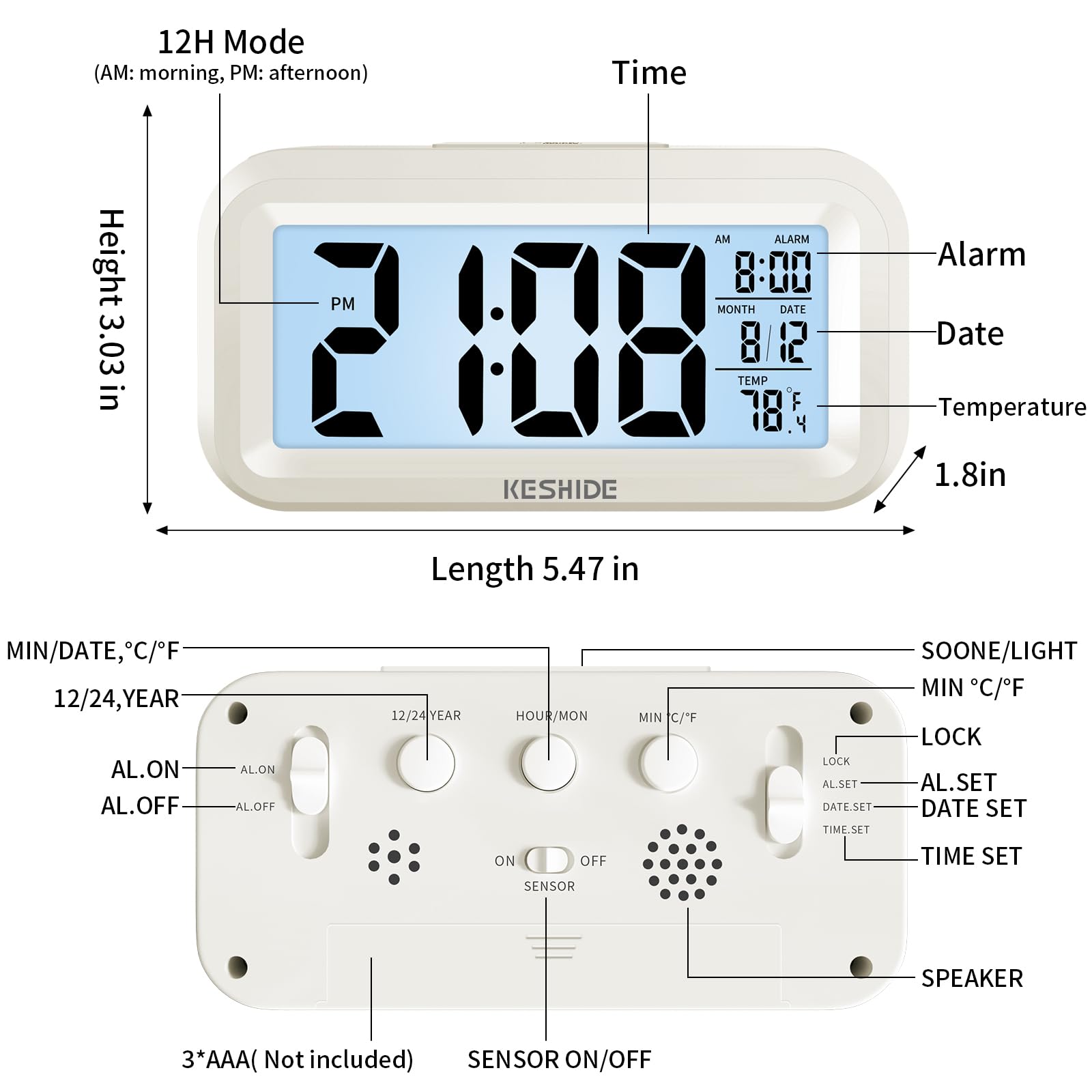 Reloj despertador digital con luz nocturna, funciona con pilas con temperatura interior, reloj pequeño de escritorio, modelo de repetición, pantalla de 12/24 horas para dormitorios, niños que