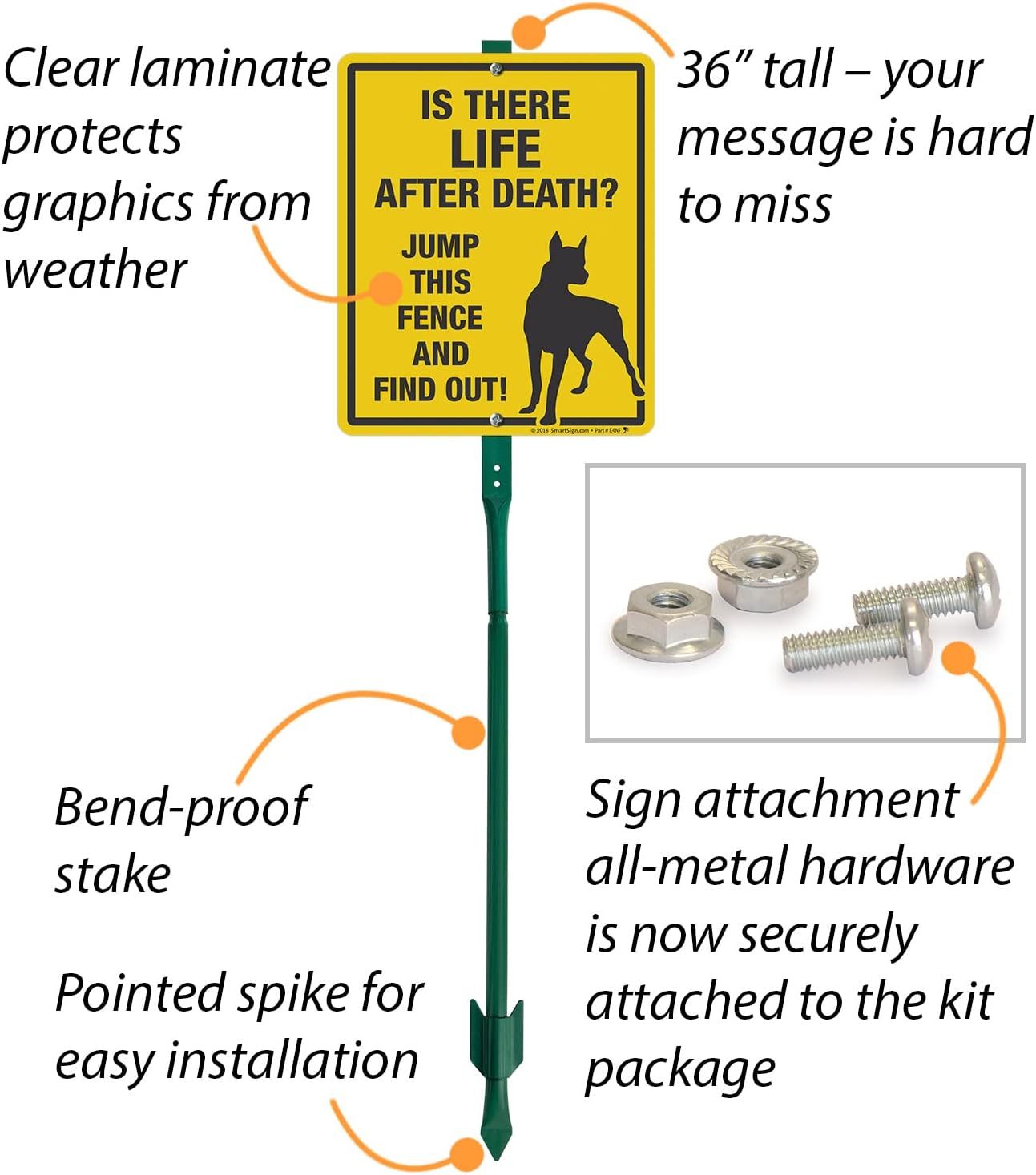 SmartSign “Is There Life After Death...Jump Fence And Find Out” Funny Dog Warning Sign for Lawn | 12" x 10" Aluminum Sign with 3' Stake