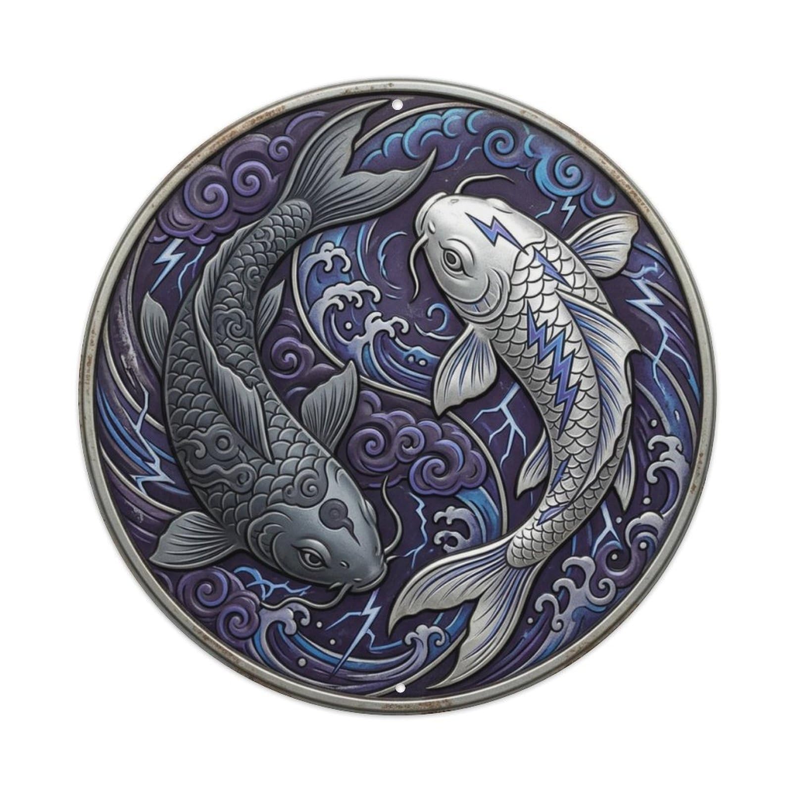 Fqcyn Style Thunder Lightning Storm Koi Yin Yang Metal Tin Sign Plaque Wall Decor For Cafe, Club Bar, Office, Home Garden Round Metal Poster 8X8inch