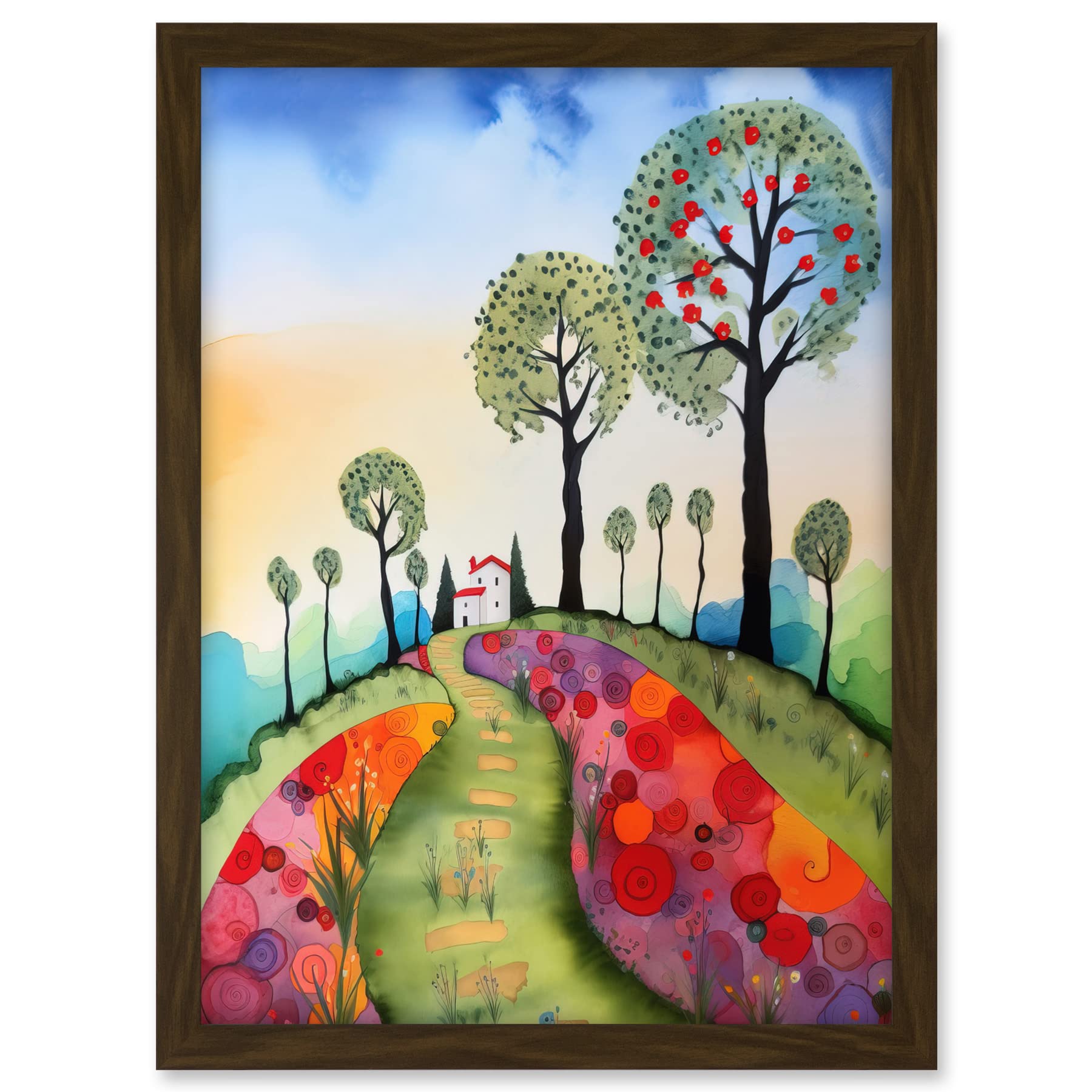 Artery8 Countryside House Path With Flowerbeds Folk Art Landscape Watercolour Painting Artwork Framed A3 Wall Art Print
