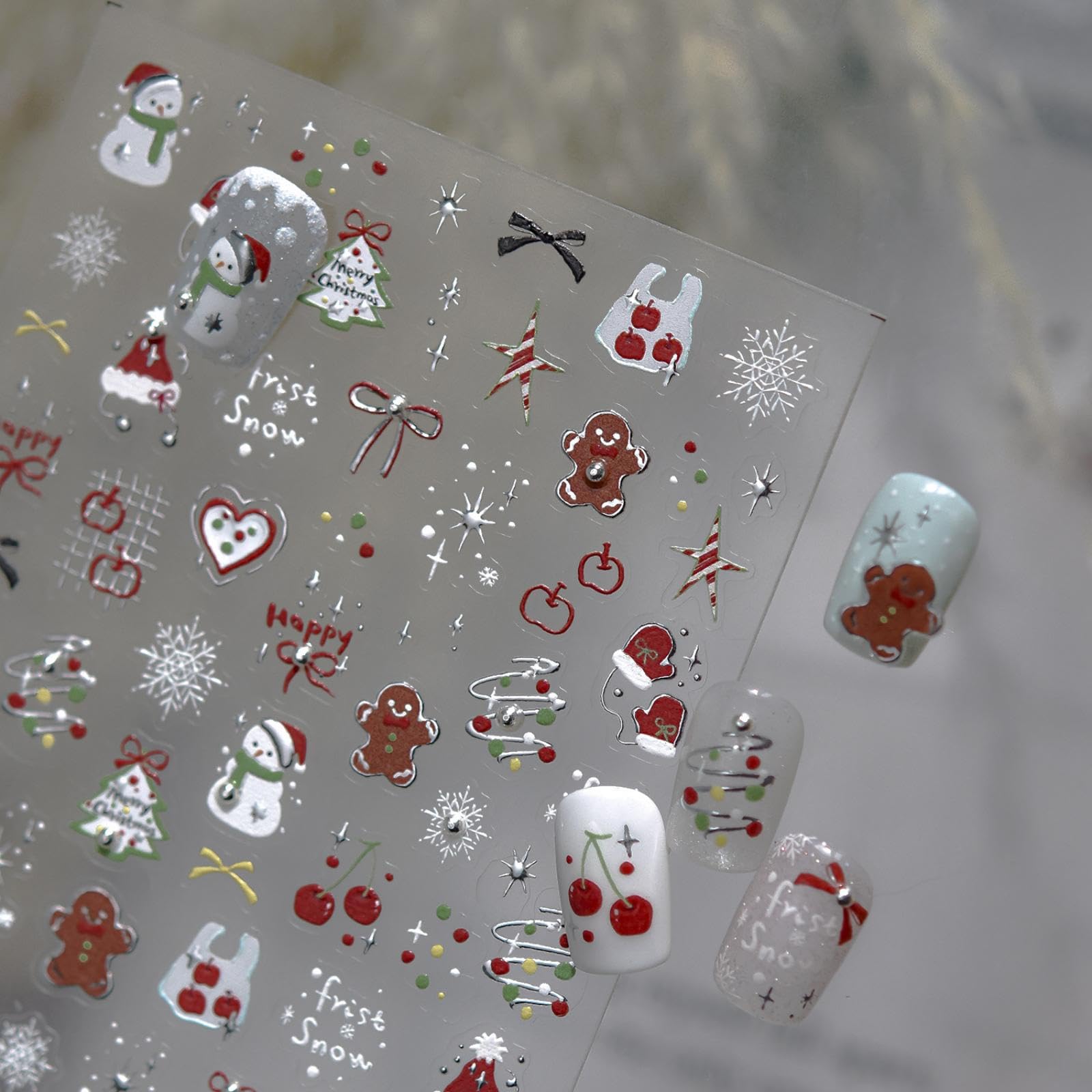 Christmas Nail Stickers Snowman Nail Sticker for Nails Art Silver Nails Decals with Design Gingerbread Man Nail Decals 5D Self Adhesive Xmas Tree Nails Stickers for Women Girls Kid Manicure Decoration