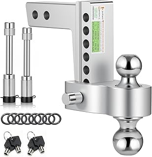 Aircraft Aluminum Adjustable Trailer Hitch for 2 Inch Receiver, Tow Dual Ball 2'' & 2-5/16'' Towing Weight 12,500 LBS, 6'' Drop/Rise, Lightweight/Anti Rust Anti Rattle, Bulletproof Lock Pin