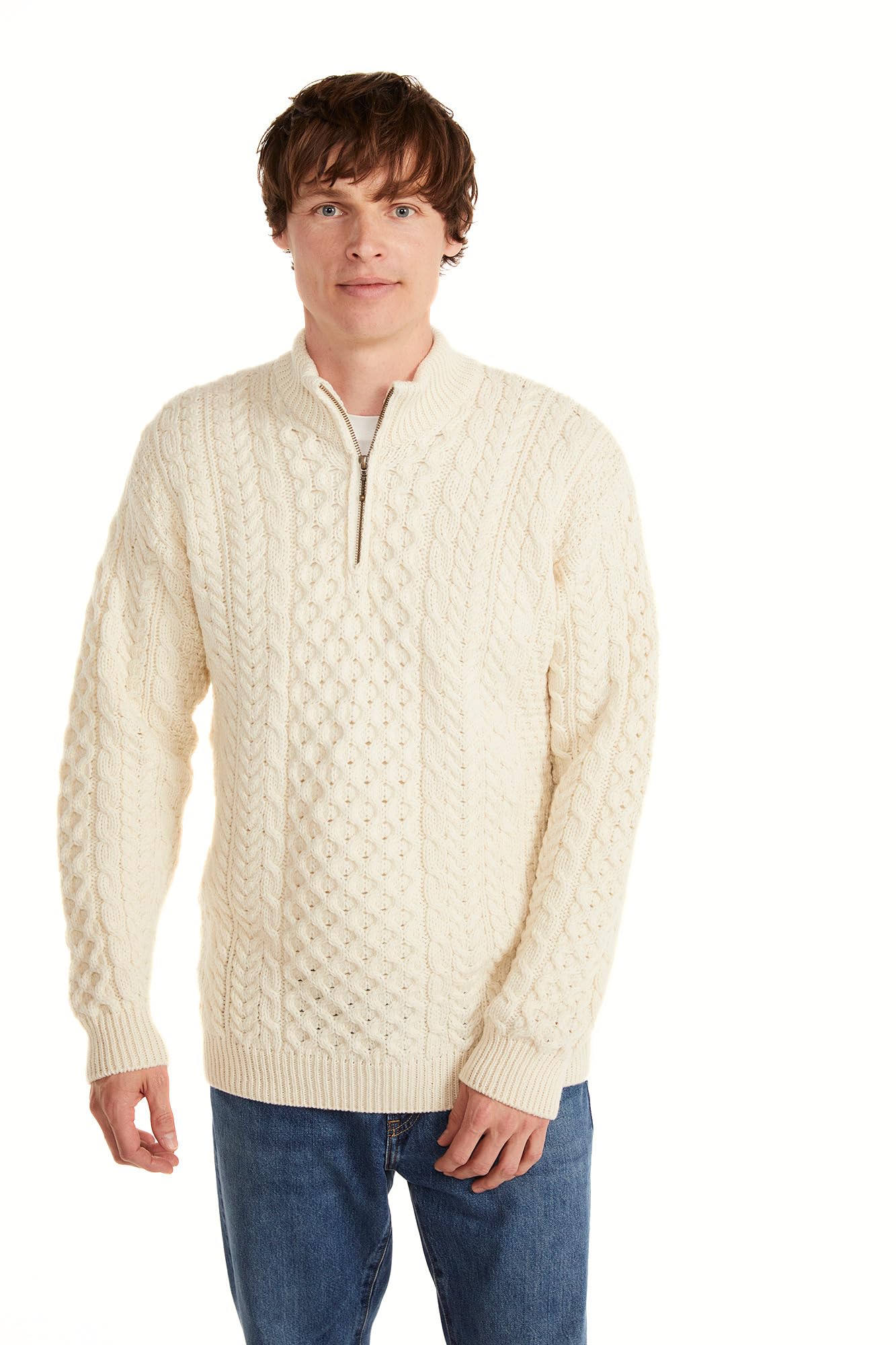 Maglione con Mezza Zip Irlandese Aran in Lana Merino da Uomo