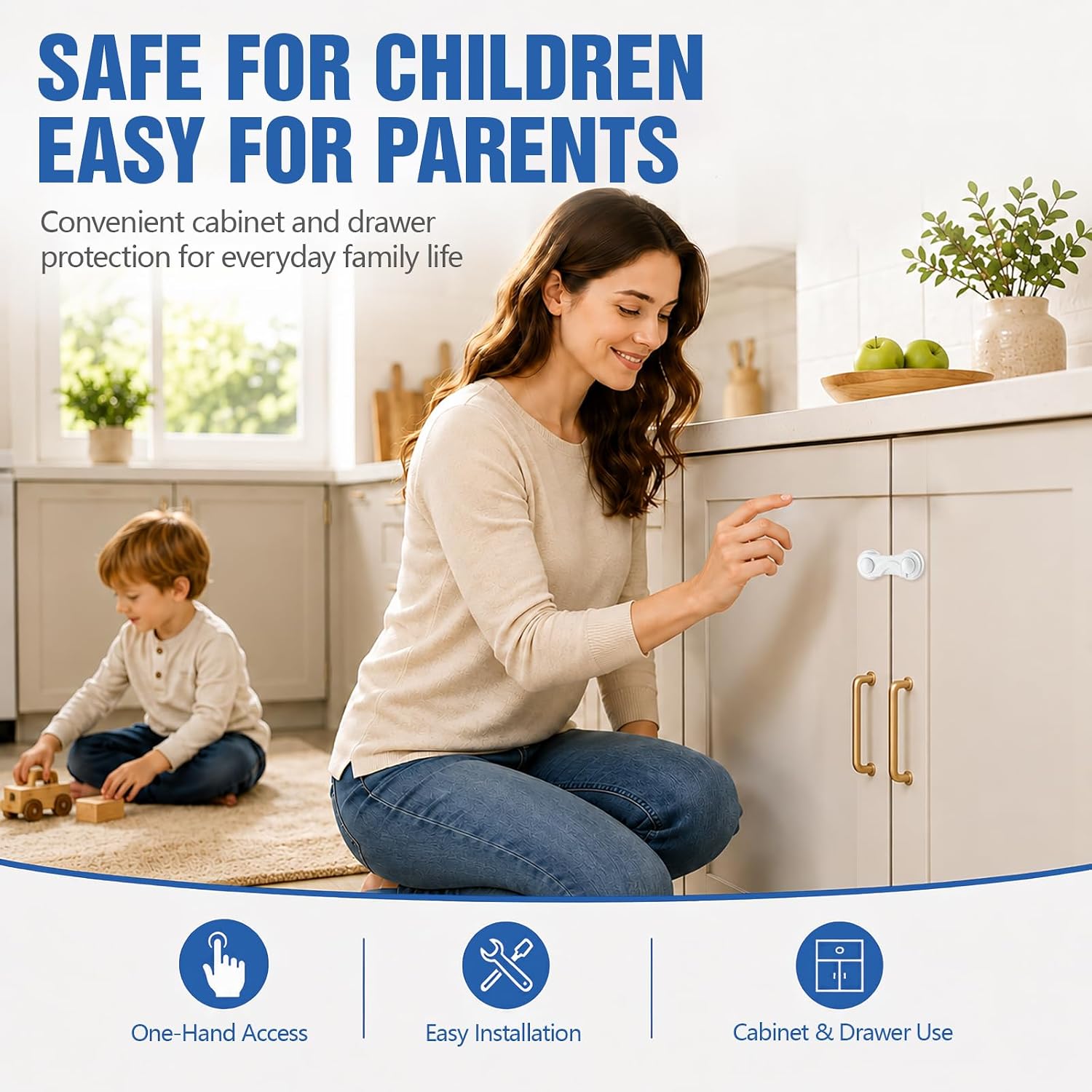 Child Safety Cabinet Locks for Babies, Baby Proof Cabinet Locks for Cabinets & Drawers, One-Hand Release Design, No Drill Adhesive Child Locks for Kitchen, Bathroom & Storage Cabinets, 6 Pack