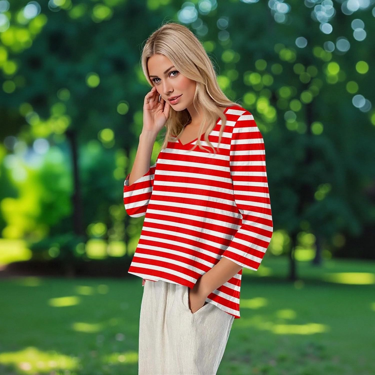 3/4 Length Sleeve Womens Tops Summer Three Quarter Striped Shirts Plus Size Trendy Casual Loose Fit Soft Blouse Tees
