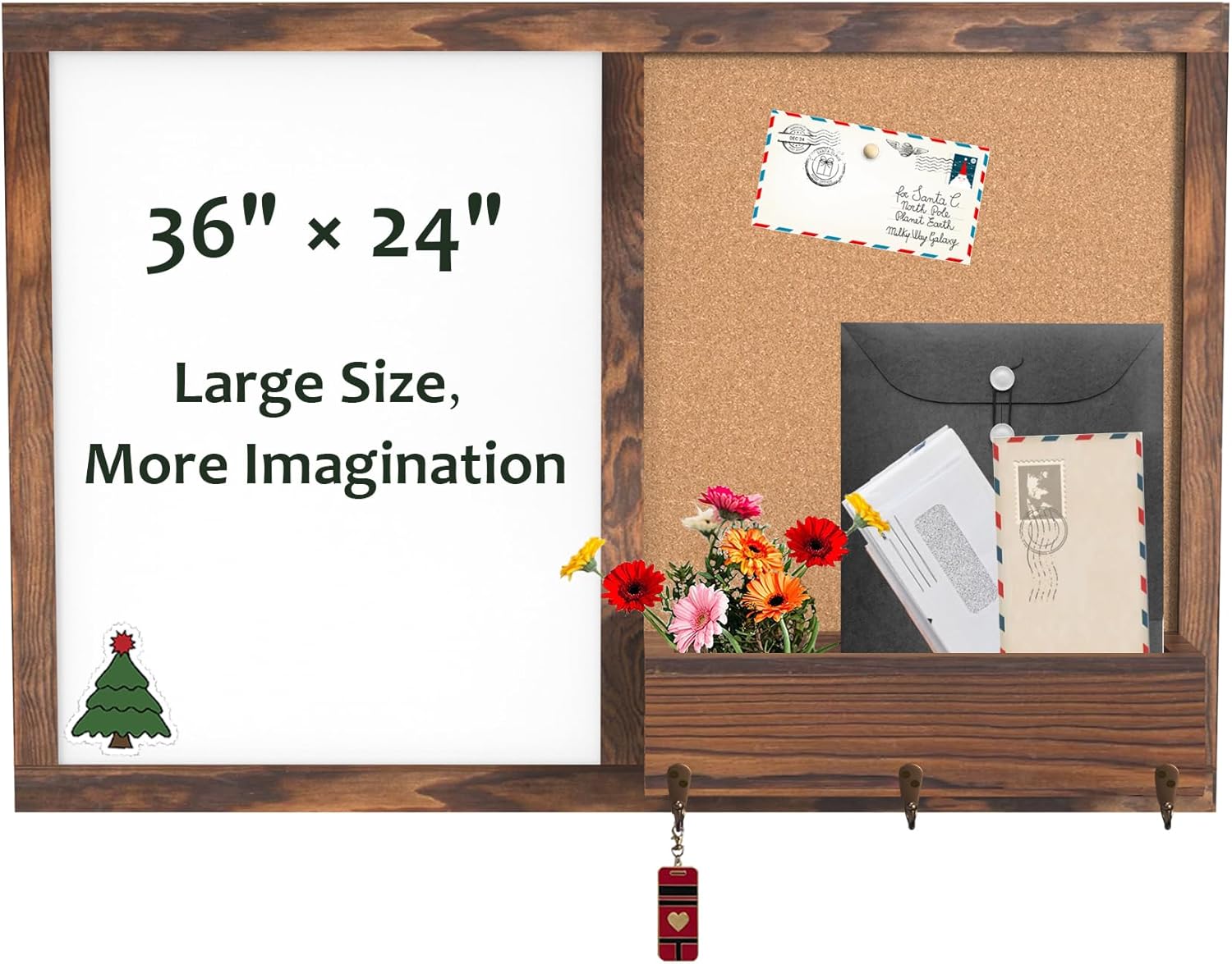 TORASO Dry Erase Board & Cork Board, Whiteboard & Bulletin Board Combo, Wall-Mounted Mail Sorter, & Key Hooks, Solid Pine Wood Walnut Brown Frame(Mail BB-BN-6090)
