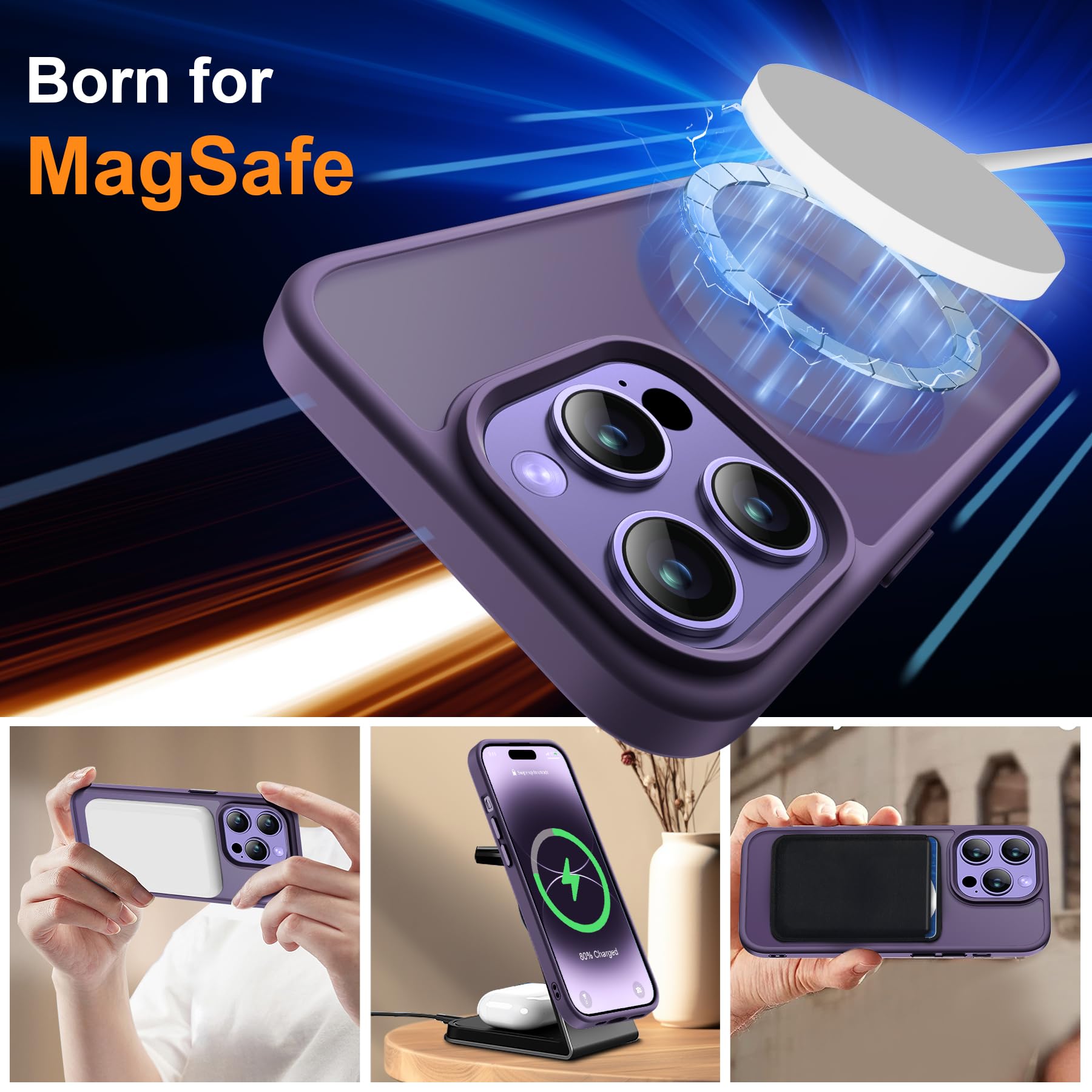 ORETECH Magnetica Cover per iPhone 14 Pro Max [Compatibile con MagSafe], con 2 Vetro Temperato e 1 Vetro Fotocamera, Custodia Traslucida Opaca Antiurto Ultra Sottile Hard PC Silicone, Viola Scuro
