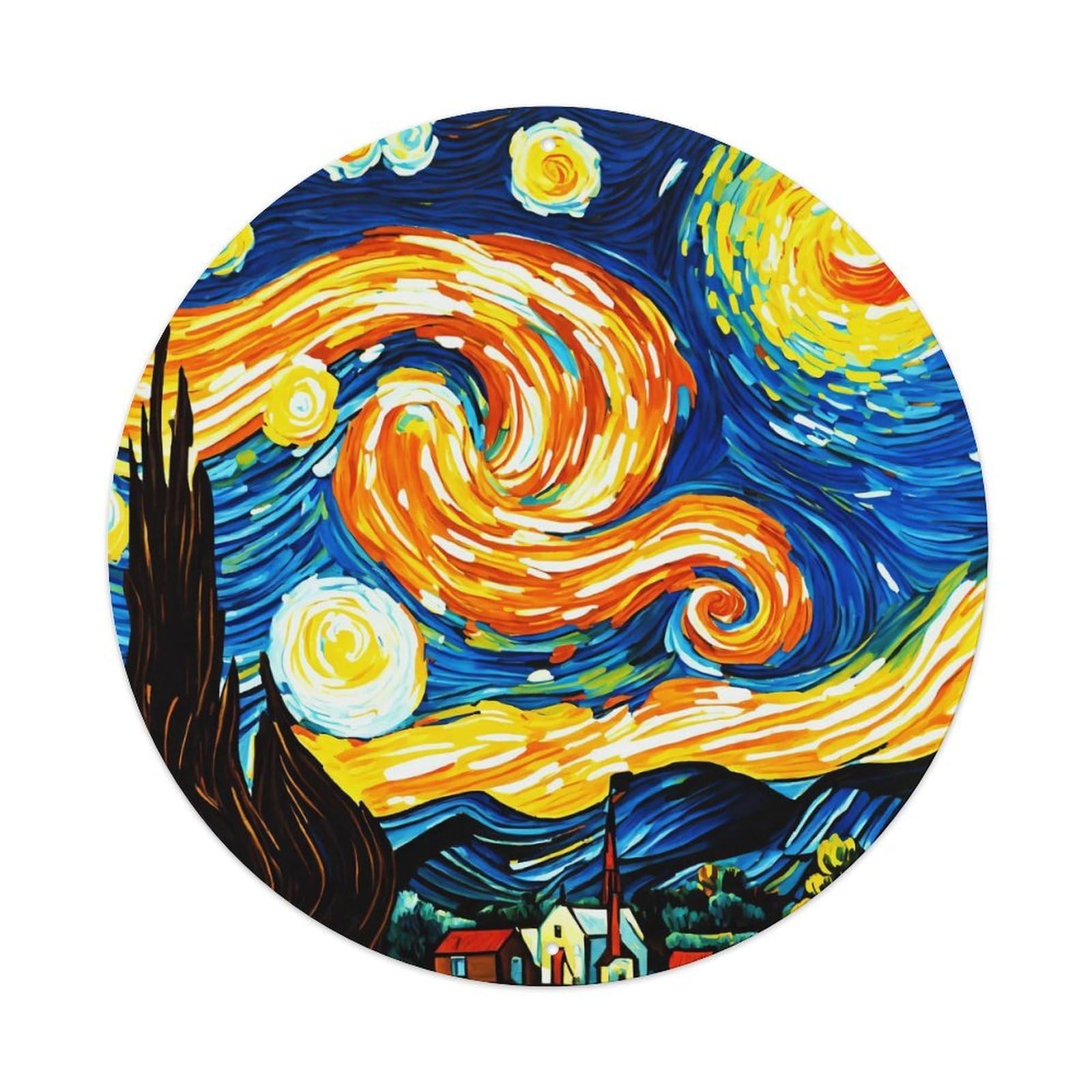 Vintage Art Starry Night Dreamy Town Sparkle Vintage Metal Tin Sign Plaque Wall Decor for Cafe, Club, Garden Round Metal Poster 8x8Inch