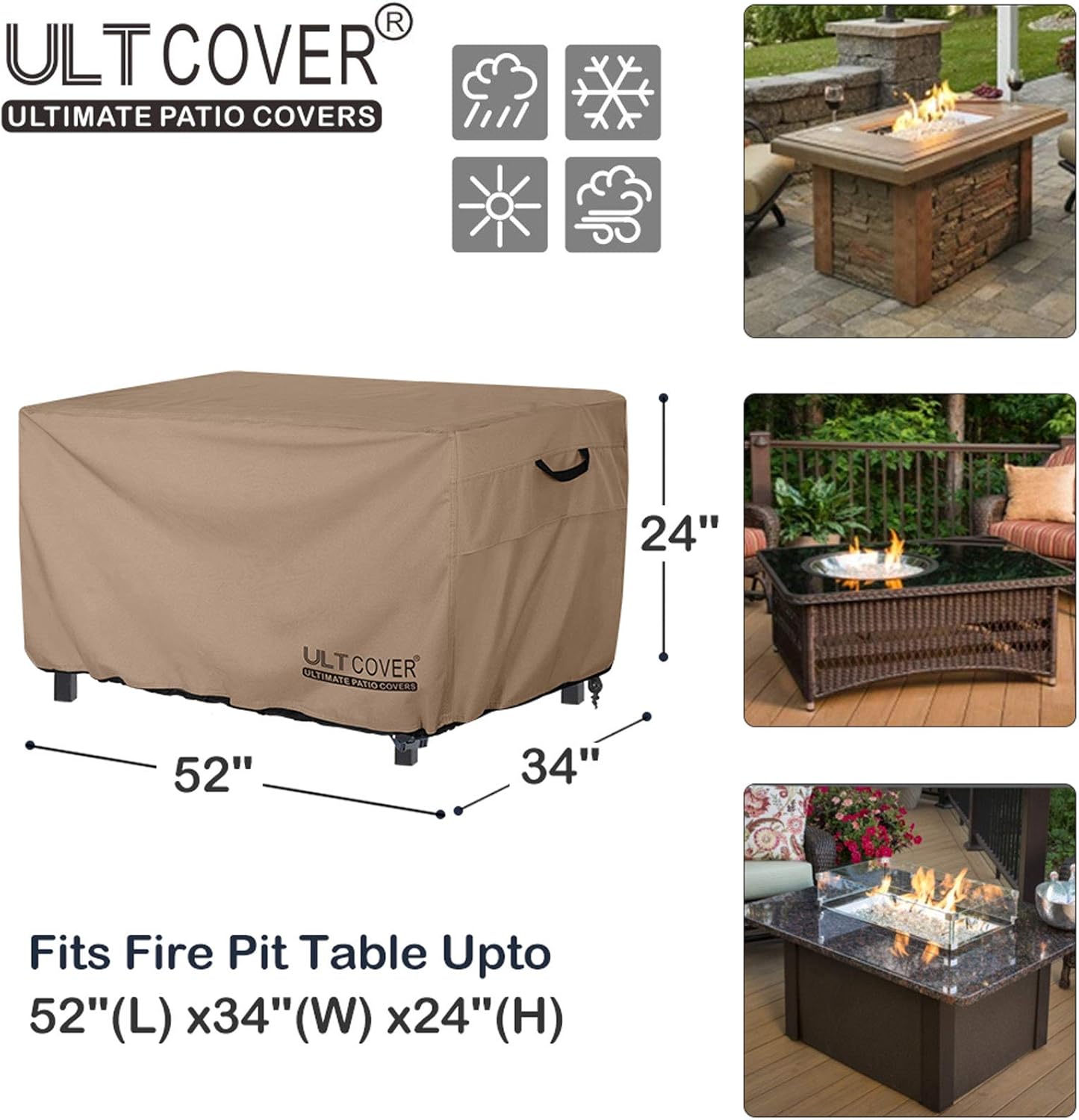 ULTCOVER Rectangular Gas Fire Pit Table Cover 52x34 inch Waterproof Heavy Duty Firepit Cover : Patio, Lawn & Garden