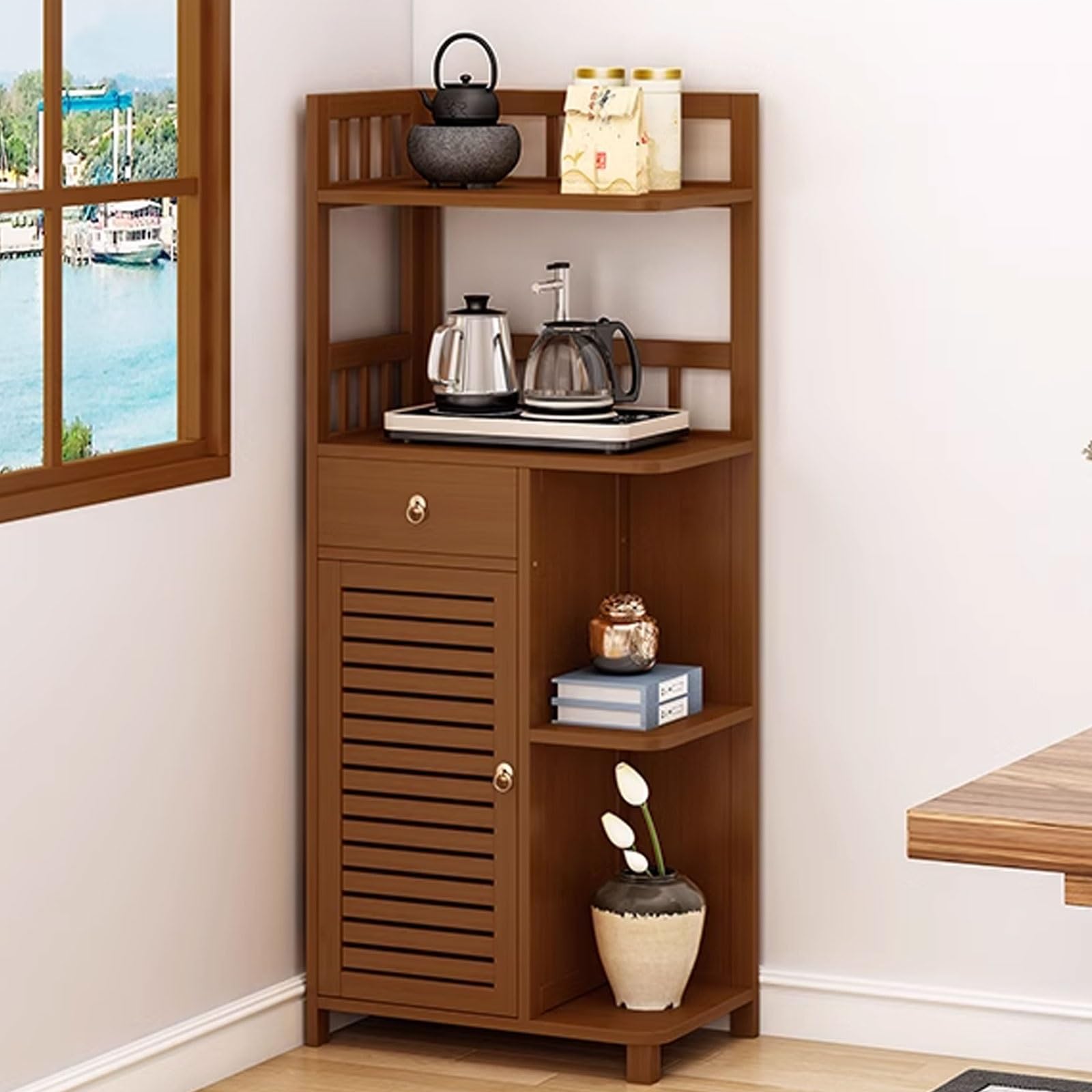 Eckschrank Klein Belastbar Bis Zu 60 Kg Bambusmaterial Freistehender Eckschrank Mehrere Speicheroptionen Top Zaun Lagerung für Wohnzimmer, Heimbüro, Flur(Brown,50 * 30 * 121CM)