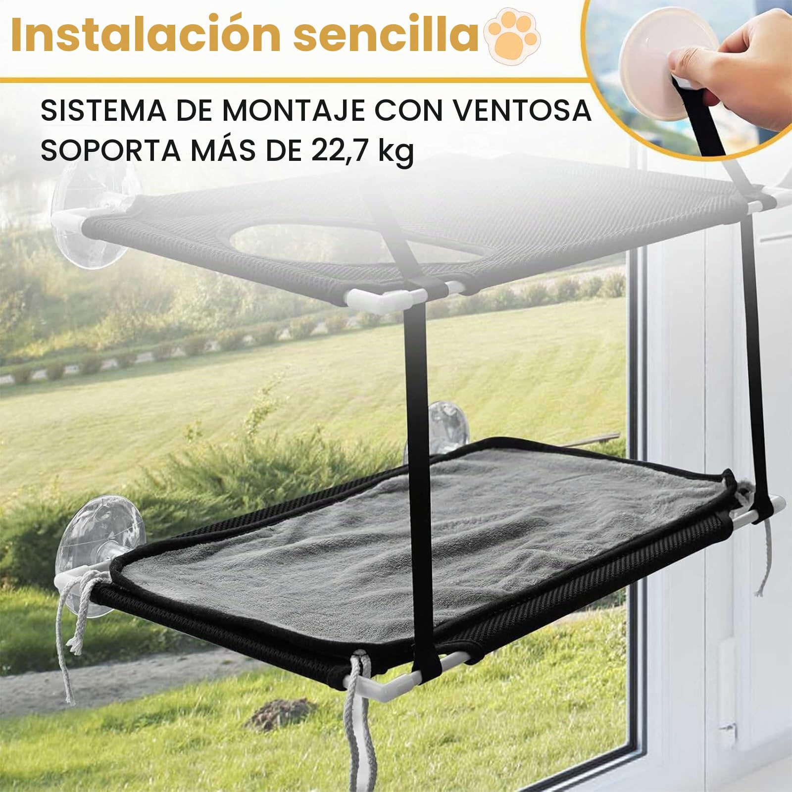 Doble Hamaca para Ventana de Gato,Asiento Soleado de Gatito con Fuerte Ventosa,Cama Colgante para Gatos,Soportar hasta 25kg,para Tomar la Siesta y Tomar el Sol