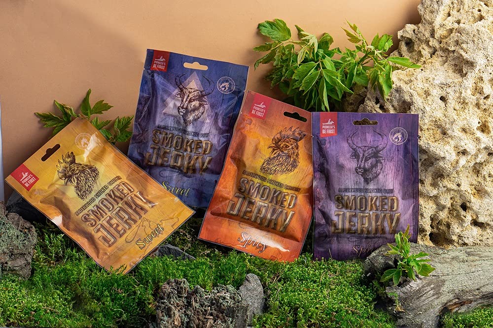 NEW BEER SNACK - Sweet Beef & Chicken Jerky Steak Mix - Protein Snack di carne secca - Manzo e pollo di alta qualità - Vettovaglie secche affumicate - Spuntino piccante, dolce e salato - 12x50 g