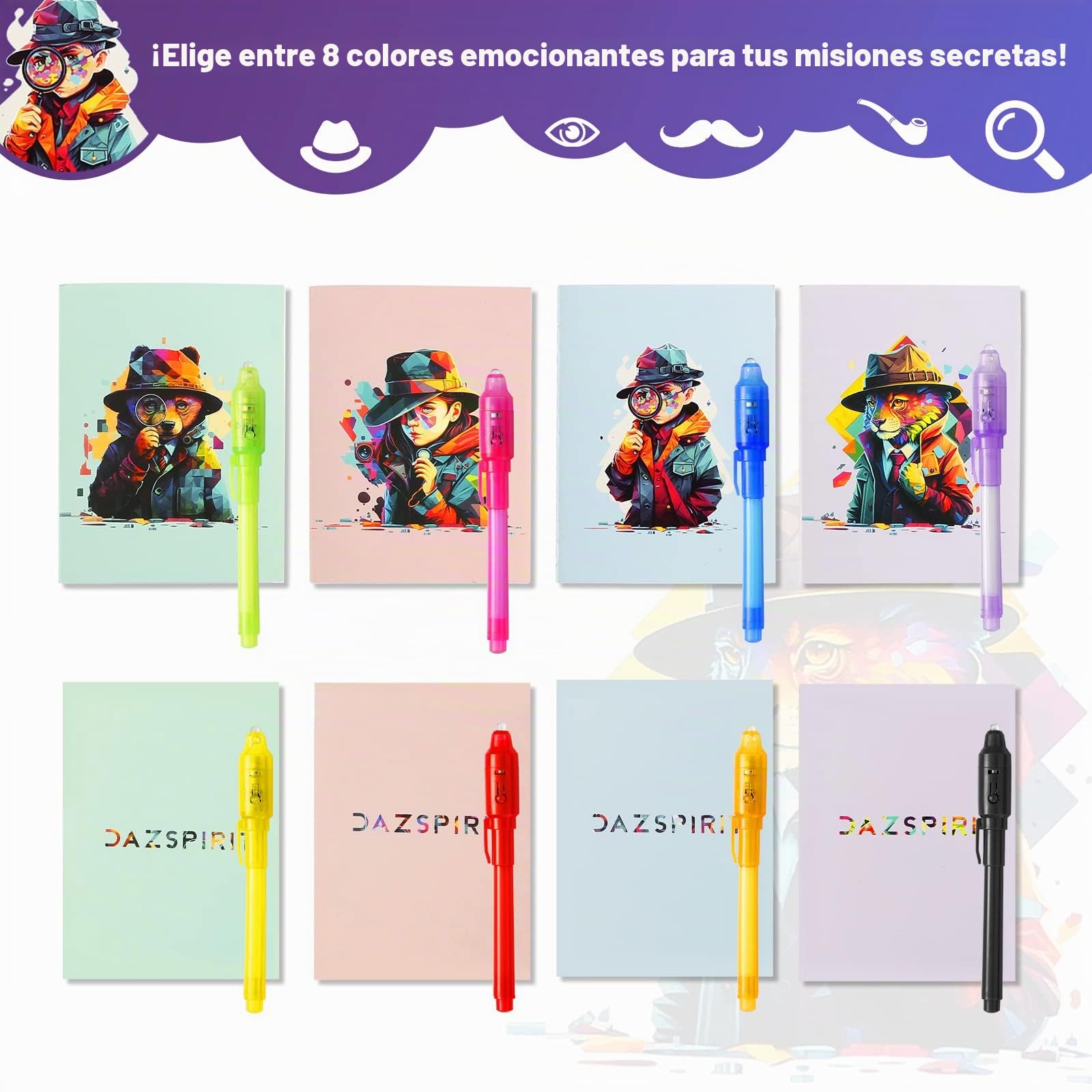 DazSpirit 32pcs Bolígrafo Tinta Invisible y Libreta, Tema de Detectives Boli Magico Regalos Cumpleaños Niños, Boli Tinta Invisible para Escribir mensajes secretos, Piñatas de Cumpleaños (DB0002)