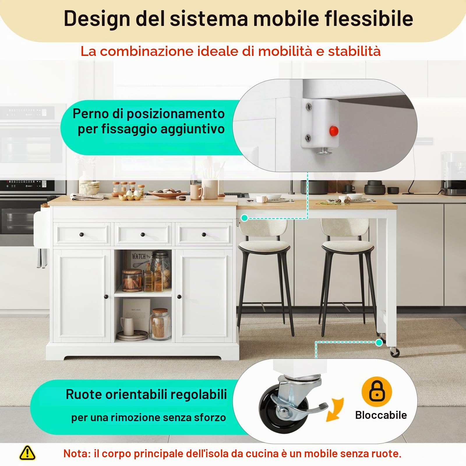 YEHTOKHOME Isola centrale cucina con spazio di lavoro 112-188 cm