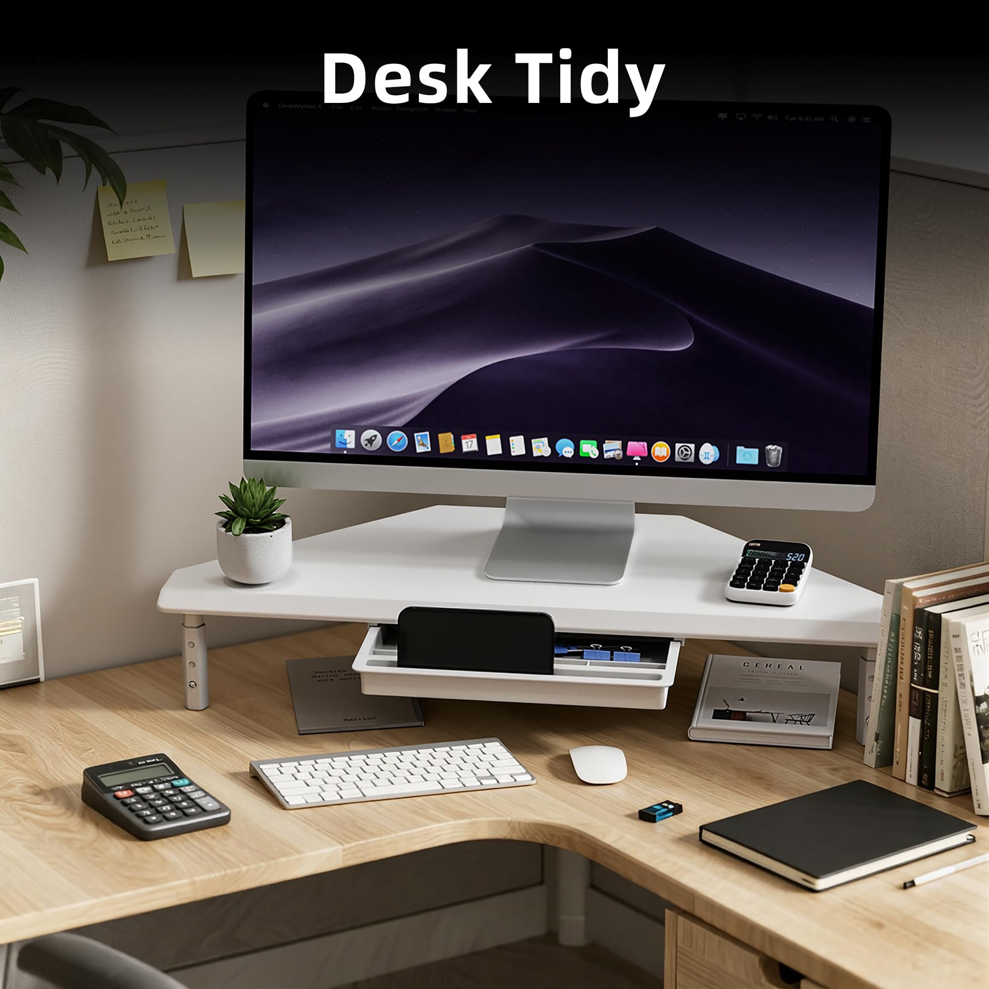 ETHU Supporto triangolare per monitor con cassetto, regolabile in altezza, per PC/laptop, supporto ergonomico per computer desktop, supporta 20 kg, bianco