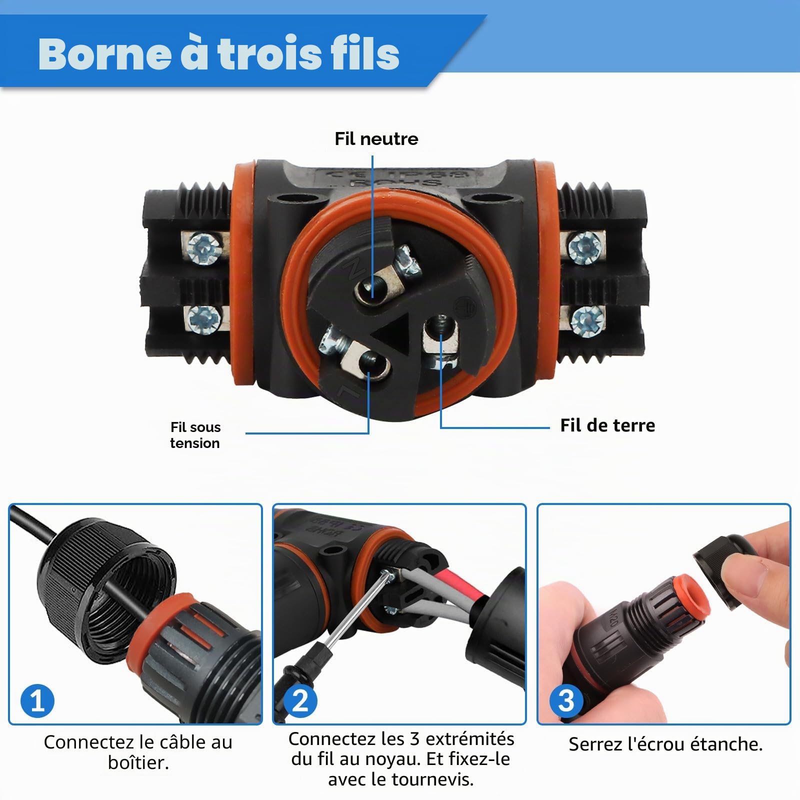 HIMOMO Connecteur de Câble Étanche IP68 – Boîte de Jonction en T à 3 Voies, 3 Broches, pour Câbles Ø 3–12 mm – Raccordement Électrique Extérieur