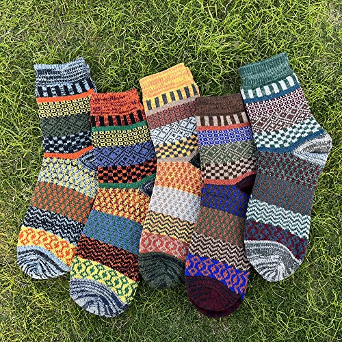 Image of 5 Pairs Vintage Winter Women Socks Warm Thick Knitted Soft Wool Socks Christmas Gifts Cozy Crew Socks