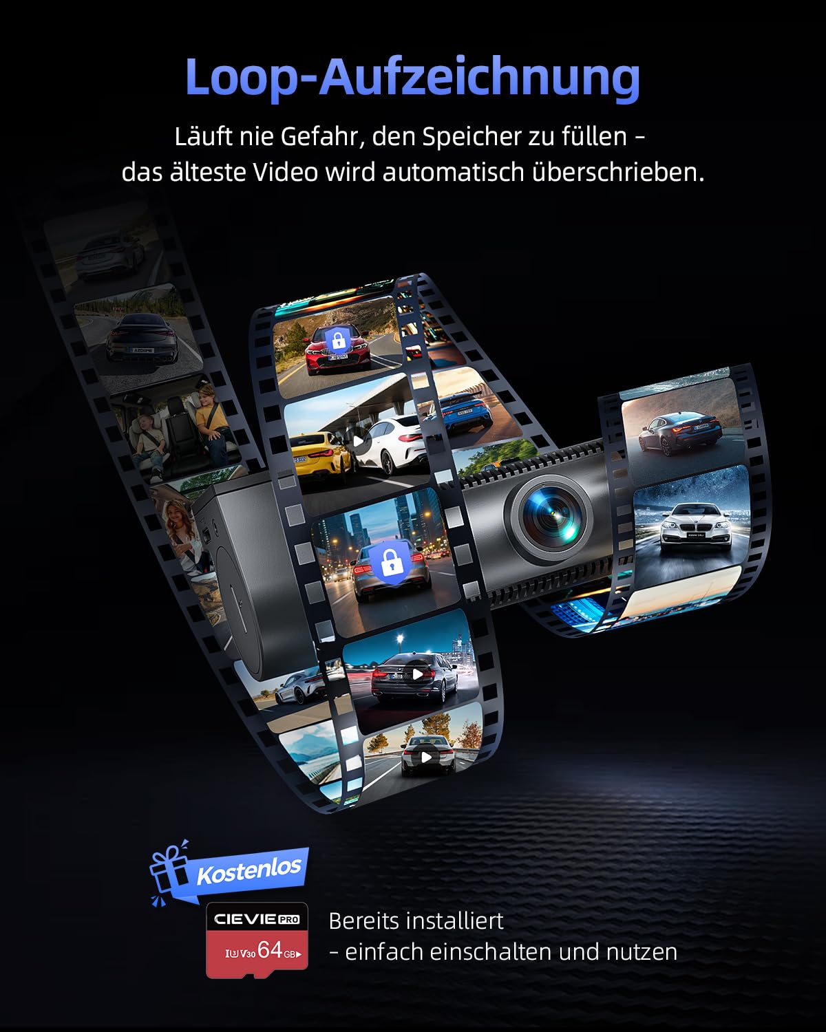 Dashcam Auto Vorne Hinten 4K+1080P 5.8GHz WLAN 170° Weitwinkel 64GB SD Karte G-Sensor 24h Parküberwachung Nachtsicht 1,5" Display