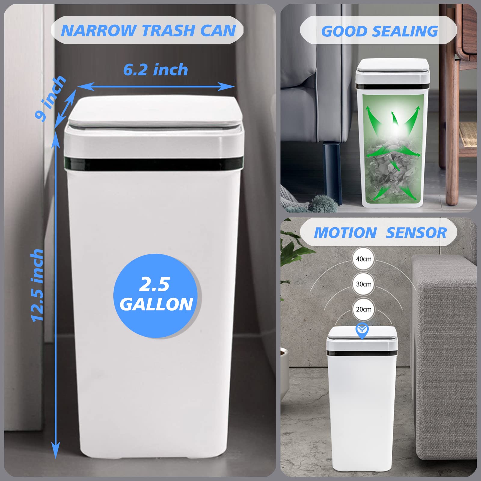 PKNOON Bathroom Trash Can Touchless 2.5 Gallon Self Sealing Trash Can Motion Sensor Trash Can Automatic Trash Cans with Lids Narrow Bedroom Garbage Bin Slim Trash Can for Bedroom Office (White)