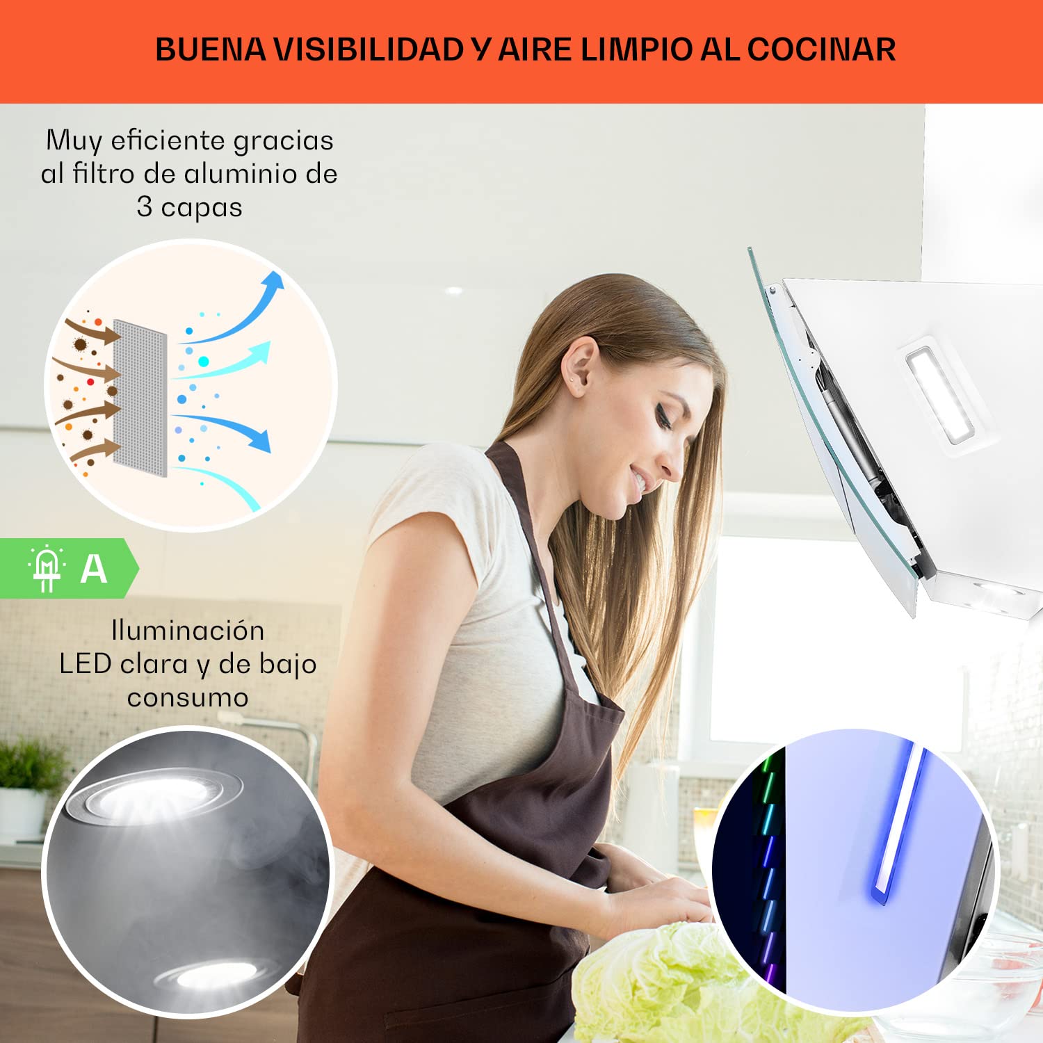 Klarstein Clara Campana Extractora 90 cm Angular, Campanas Extractoras, Extractor Cocina con Filtro Aluminio para Grasa, Apto Lavavajillas, Flujo de aire de 590m³/h, Luz LED RGB, Bajo Consumo Clase A