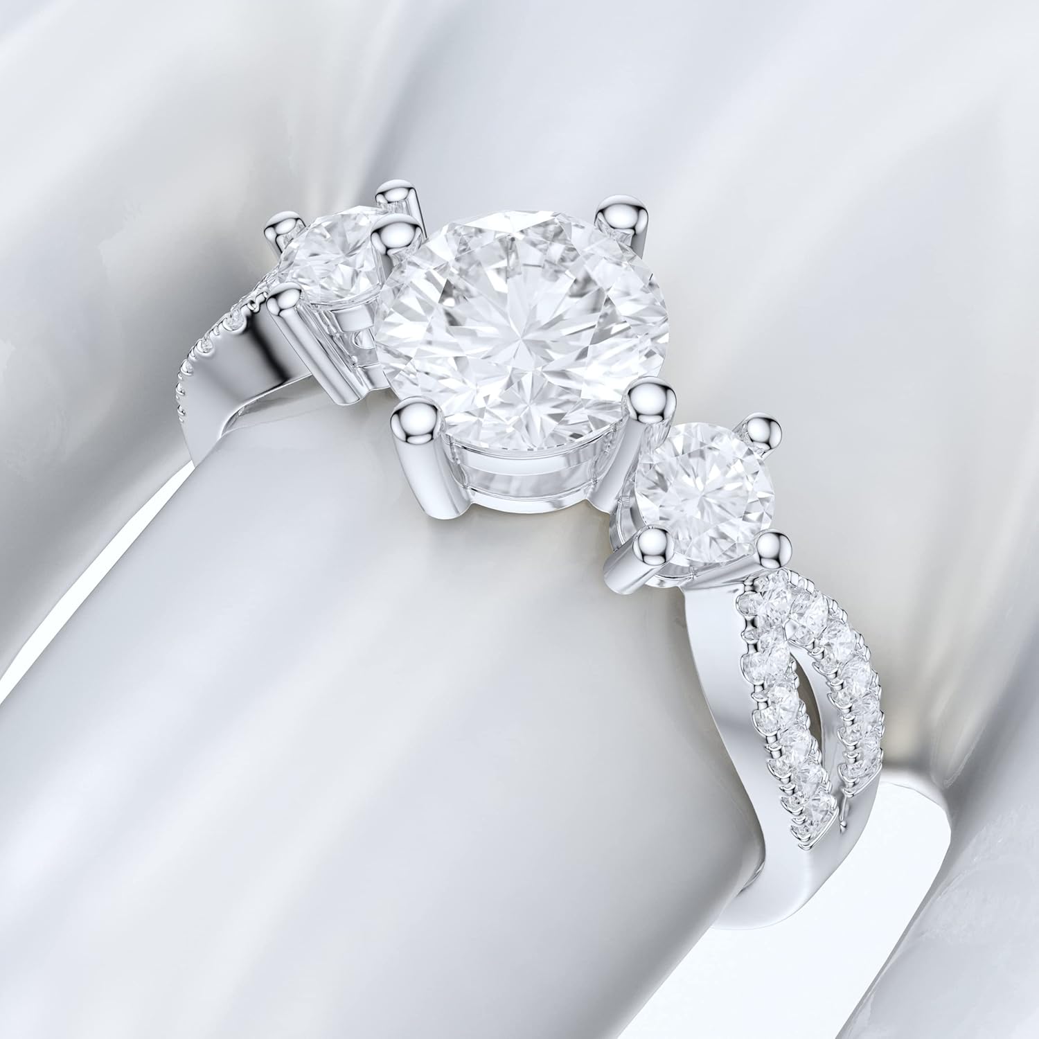 14k White Gold Pave Spilt Shank 1ct Main Simulated Diamond or Genuine Moissanite Engagement Ring Promise Ring