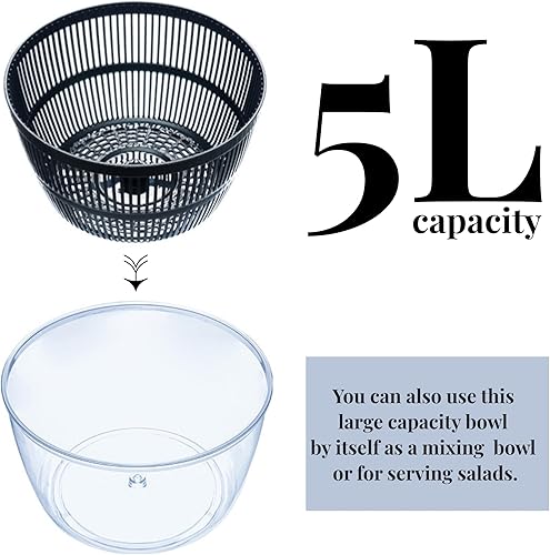 Miniatura 5 de Molinillo de ensalada, cuenco giratorio de cocina de 5 L, seguridad y durabilidad, secadora de ensalada 3 en 1 con tapa de gran capacidad, colador y