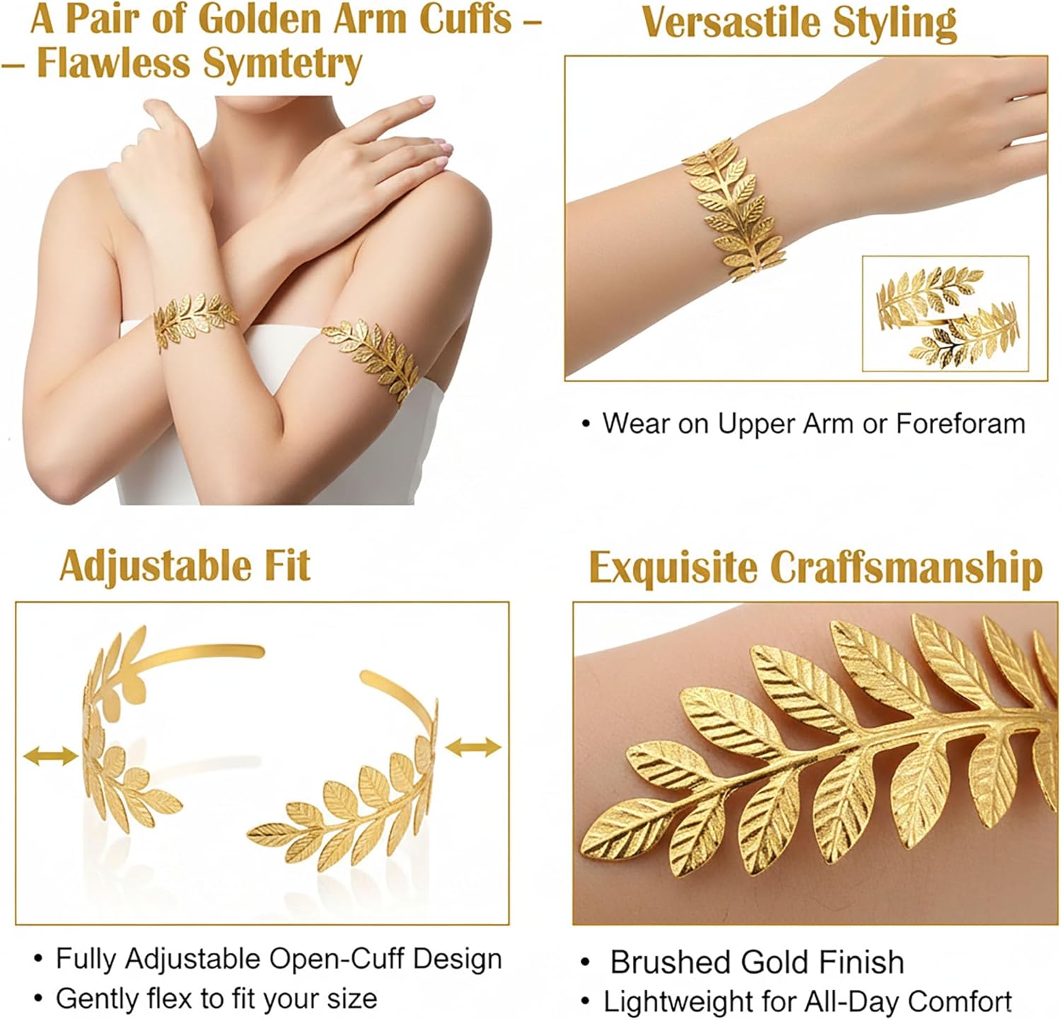 5 Pcs Greek Roman Goddess Jewelry Set, Gold Laurel Leaf Headpiece, Leaf Arm Cuff, Coil Bracelet, Leaf Dangle Earrings for Bridal Wedding, Halloween Festival, Toga Party Cosplay - Image 3