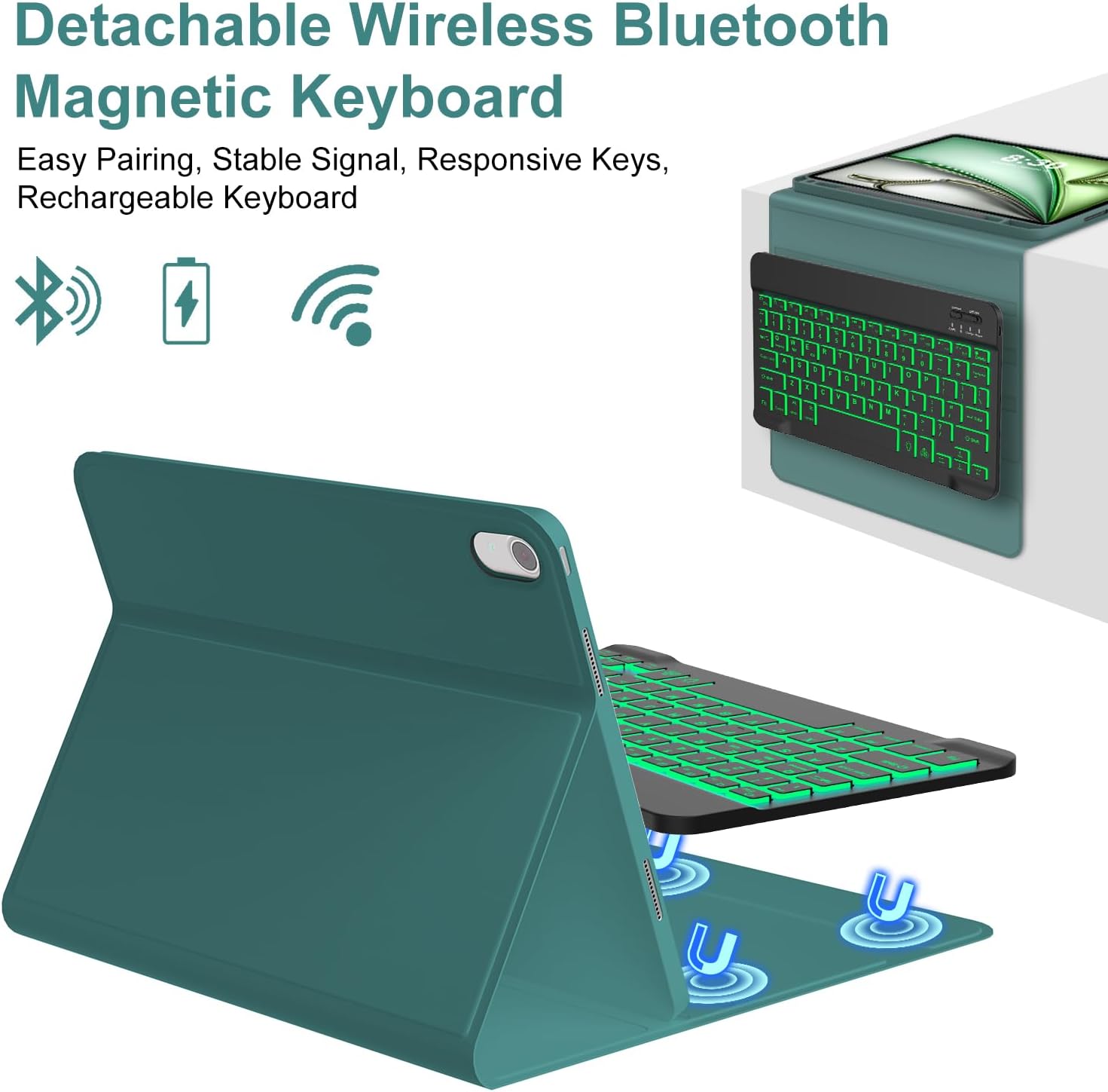 Keyboard Case for iPad Air 11-inch (M3 2025 / M2 2024), 7 Color Backlit Detachable Bluetooth Keyboard Cover with Pencil Holder, Multi-Angle Stand, Green