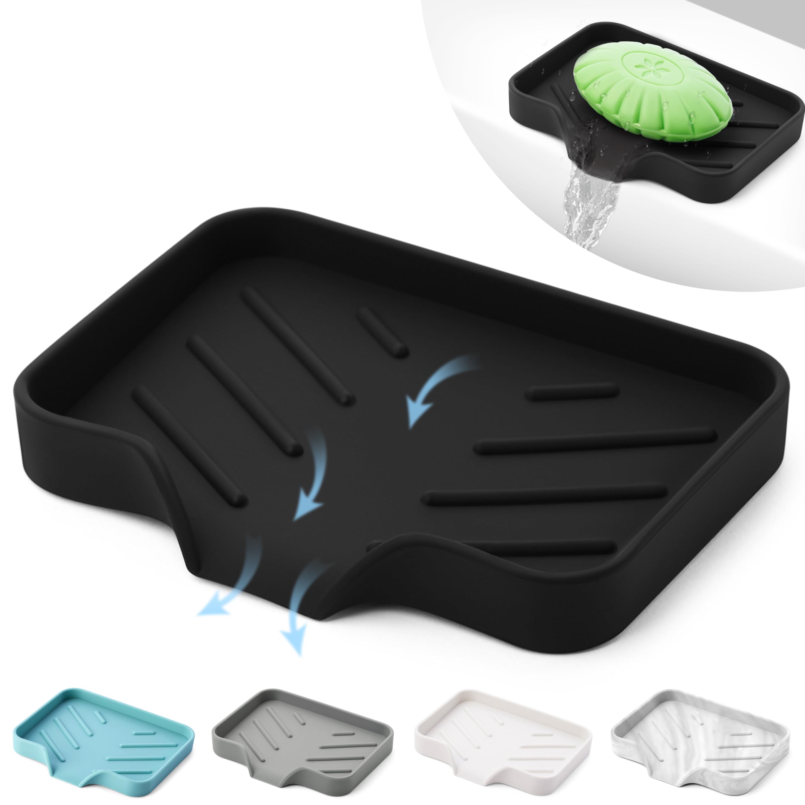 AG COMPANY Black Silicone Soap Dish Tray, Self Draining Soap Holder for Bar Soap, Silicone Soap Tray with Drainage, Dish Soap Tray for Kitchen Counter
