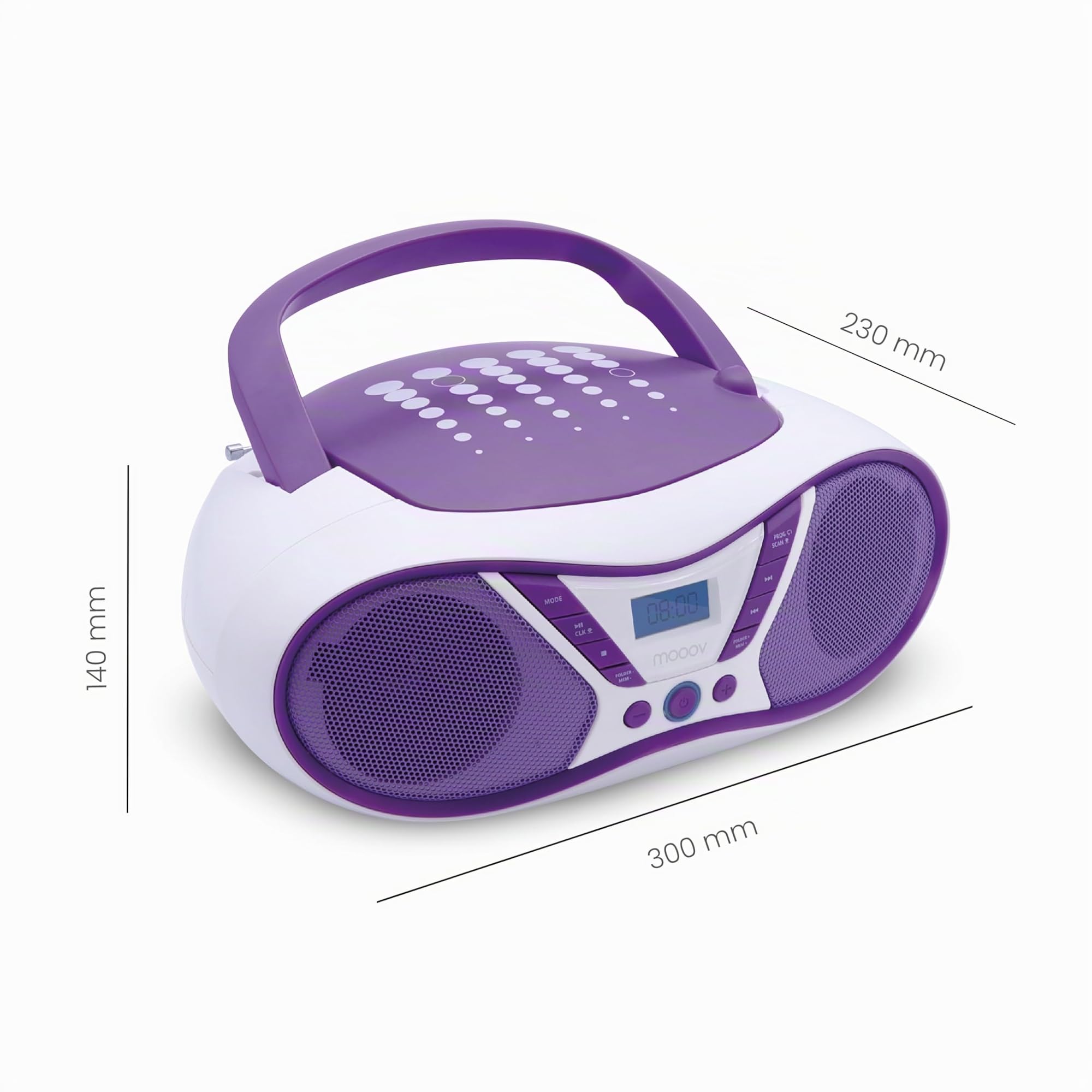 MOOOV 477404 Tragbarer CD-Player mit Radio, USB, Lautsprecher - Mini Kofferradio für Kinder & Senioren, Retro Design, MP3 - Ideal für Küche & Kinderzimmer - Netzbetrieb oder Batterien - Lila