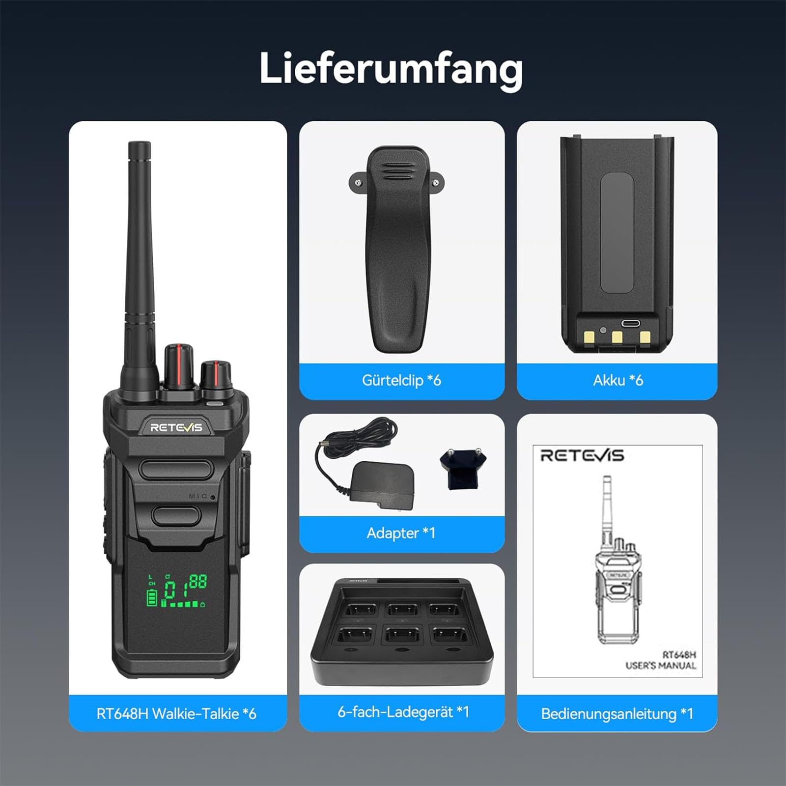 Retevis RT648H Walkie Talkie mit 6-Wege-Ladung, PMR446 Funkgerät 3-Proof, Schnellladung, Integriertem Display, 1500 mAh, Professionelles 2-Wege-Radio für Schulen, Hotels (6er-Pack)
