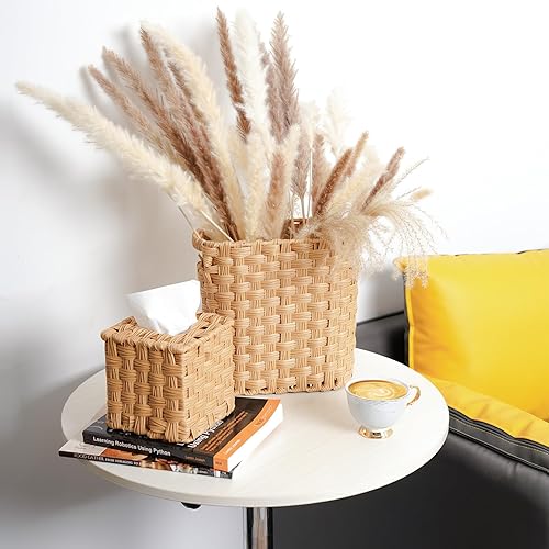 Miniatura 10 de NiOffice Cesta de basura de mimbre, cubo de basura de mimbre con asas integradas, mini cesta de mimbre multifuncional para el hogar y la oficina,