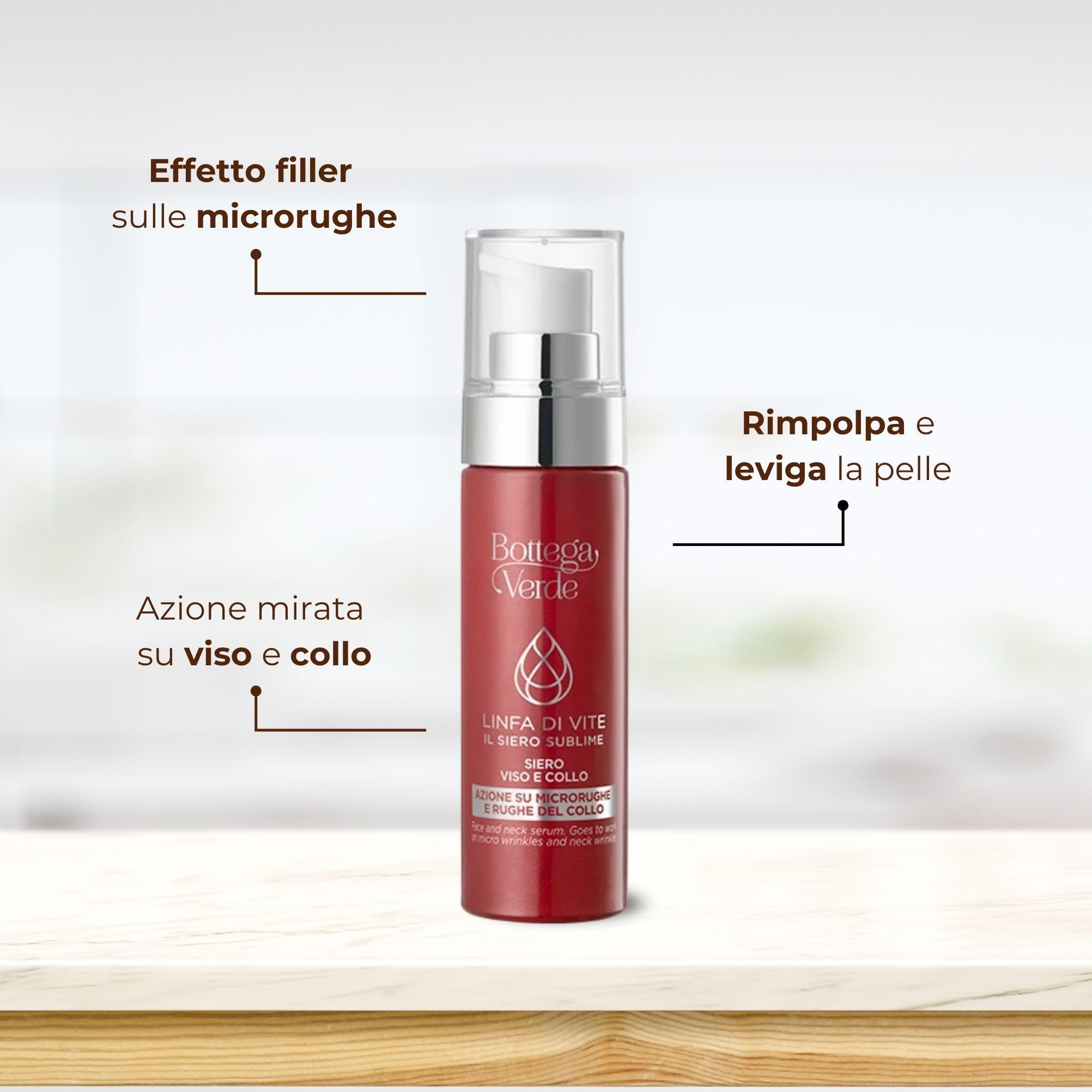 Bottega Verde - Siero Viso e Collo Linfa di Vite, 30 ml, Trattamento Intensivo Antirughe ed Effetto Filler, con Peptidi, Linfa di Vite, Ceramidi e Acido Ialuronico, Texture Leggera, per Pelli Mature