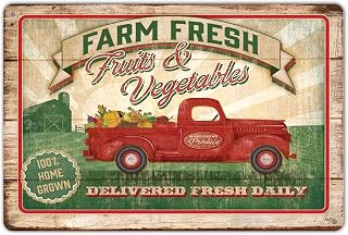 HomDeo Farm Fresh Daily Fruits Vegetables Home Grown Rustic Metal Sign Tin Poster Home Decor Bar Kitchen Wall Art 12"x8"