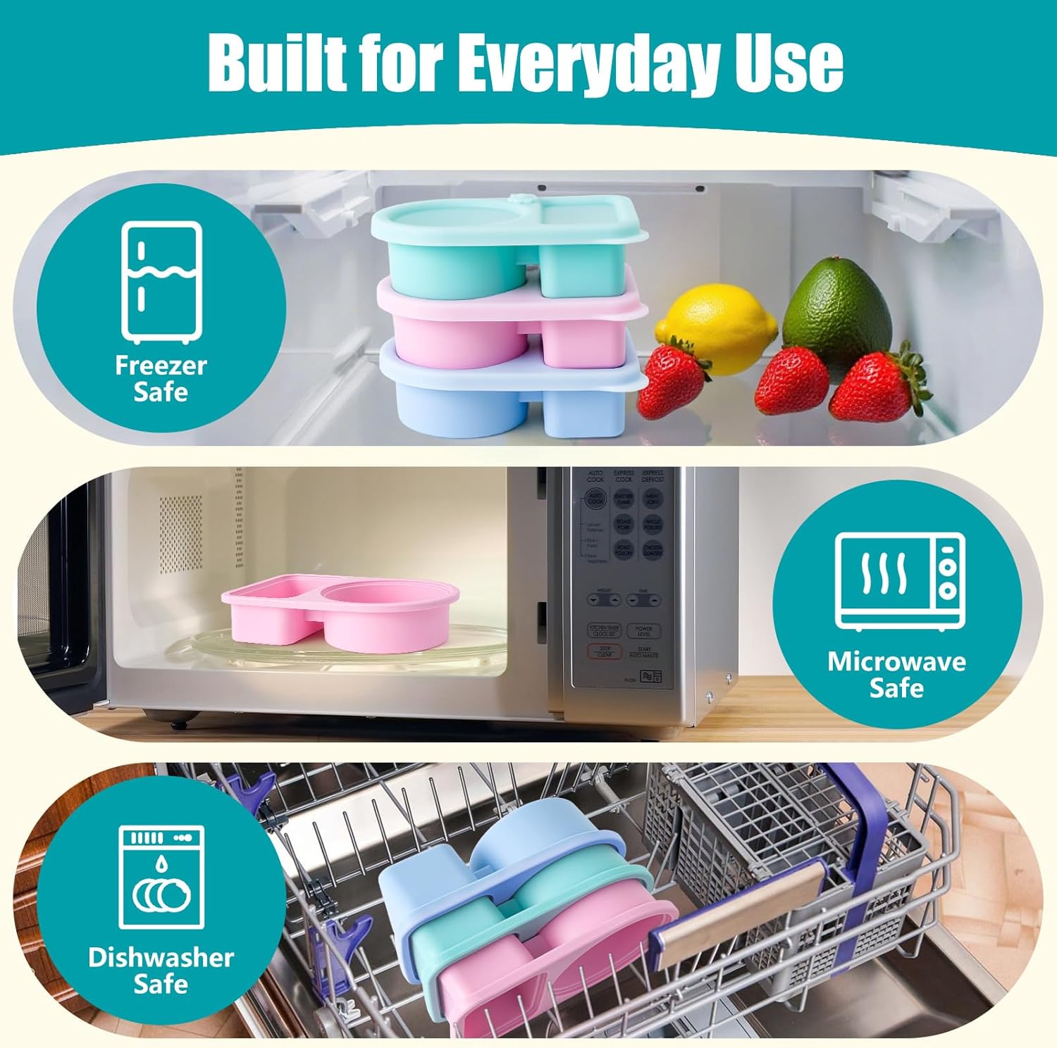 3 Pack Reusable Silicone Snack Containers with Lids, 8.5 OZ Double Compartment Snackle Box for Kids, Leakproof Small Snack Packs Container for Salad Dressing, School, Office, Travel, Picnic - Image 4