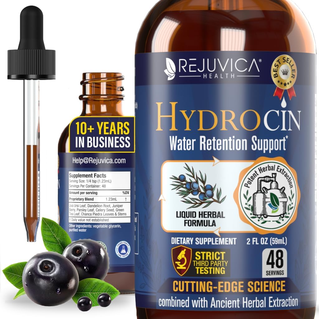 - Rejuvica Health Hydrocin Liquid Diuretic Supplement – Water Retention Support with Dandelion, Uva Ursi, Juniper Berry, Celery Seed & Green Tea – Fast Absorption Alcohol-Free Drops