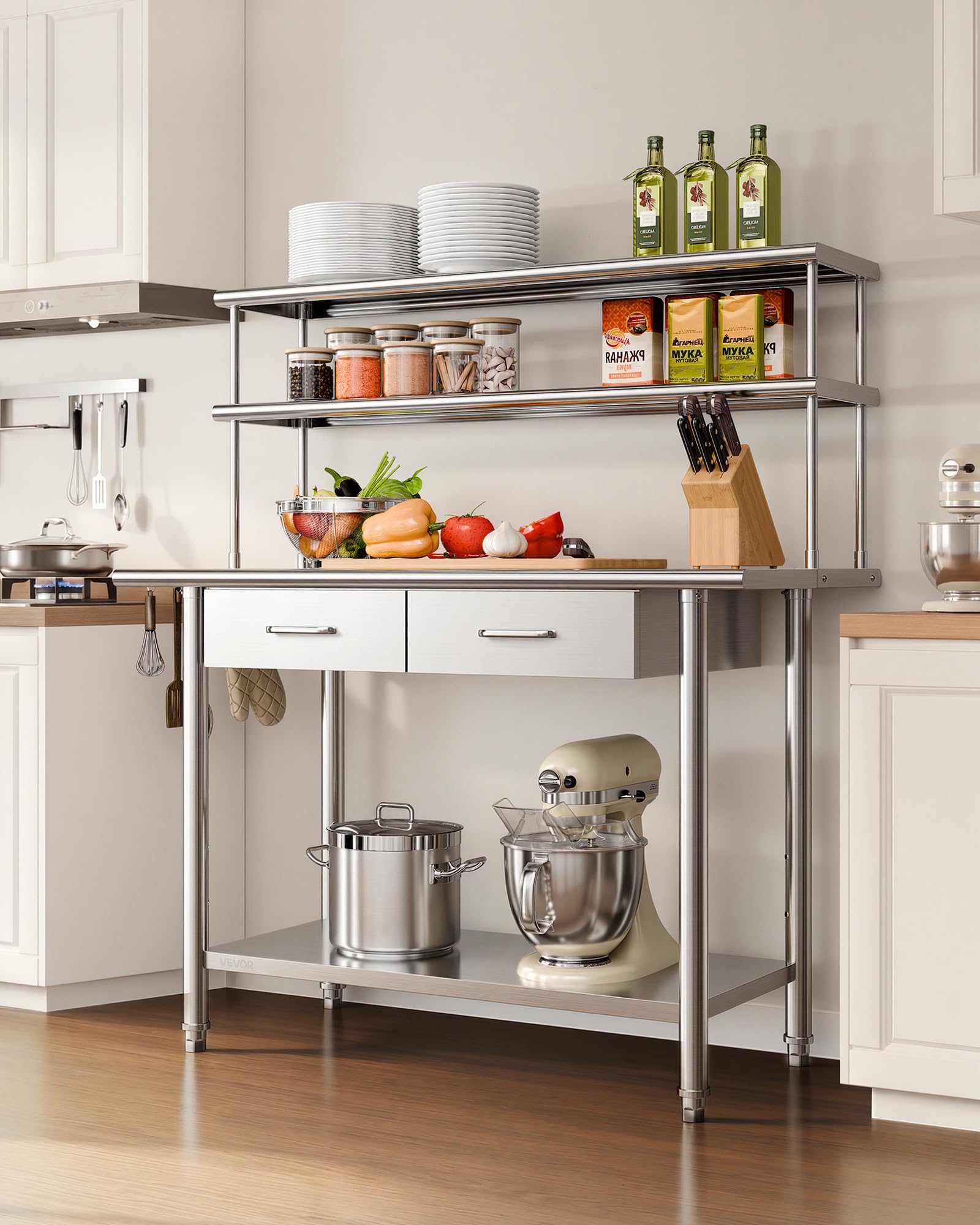 VEVOR Tavolo da Lavoro per Cucina, Tavolo per Preparazione da Cucina 1220 x 610 x 1400 mm in Acciaio Inox con Cassetti Ripiani Portaoggetti, Piano Carico max 245 kg, Ristorante, Hotel, Supermercato