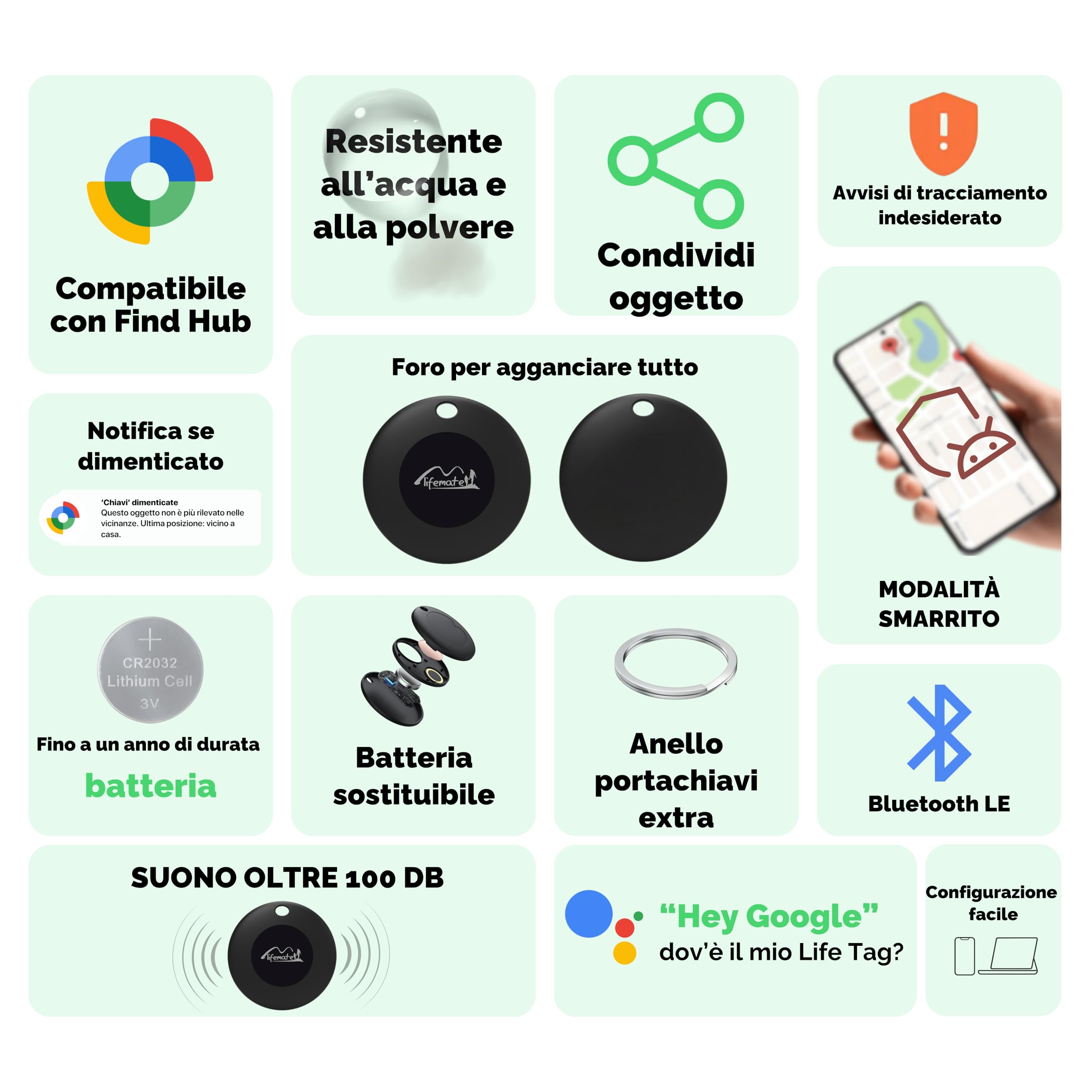 Lifemate Tag Android 4 Pack – Localizzatore GPS Bluetooth IP67 Impermeabile Trova Chiavi e Oggetti Smarriti
