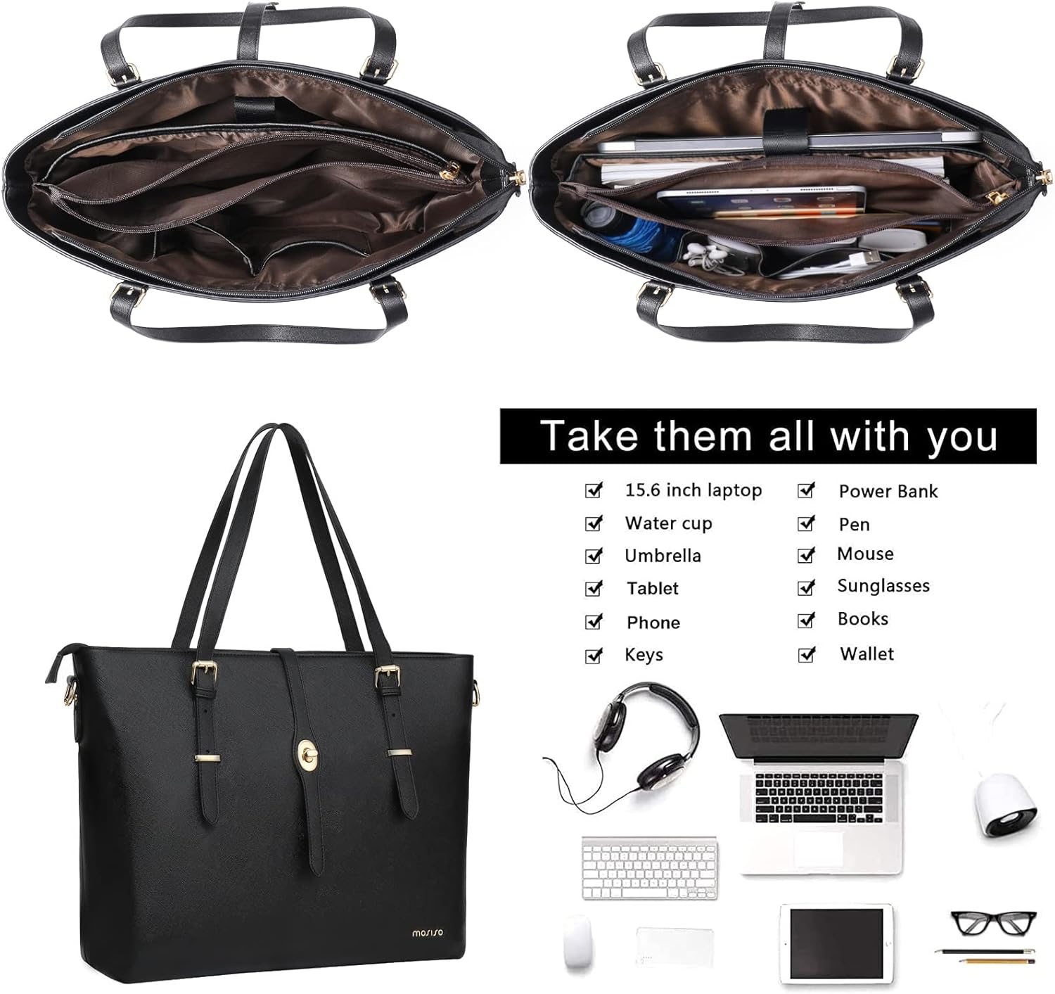 MOSISO Laptop Tote Bag Compatible with MacBook Pro 16 inch M4 M3 M2 M1 2025-2019, 15-15.6 inch PU Leather Briefcase with Middle Button & Small Purse&Shoulder Strap, Black