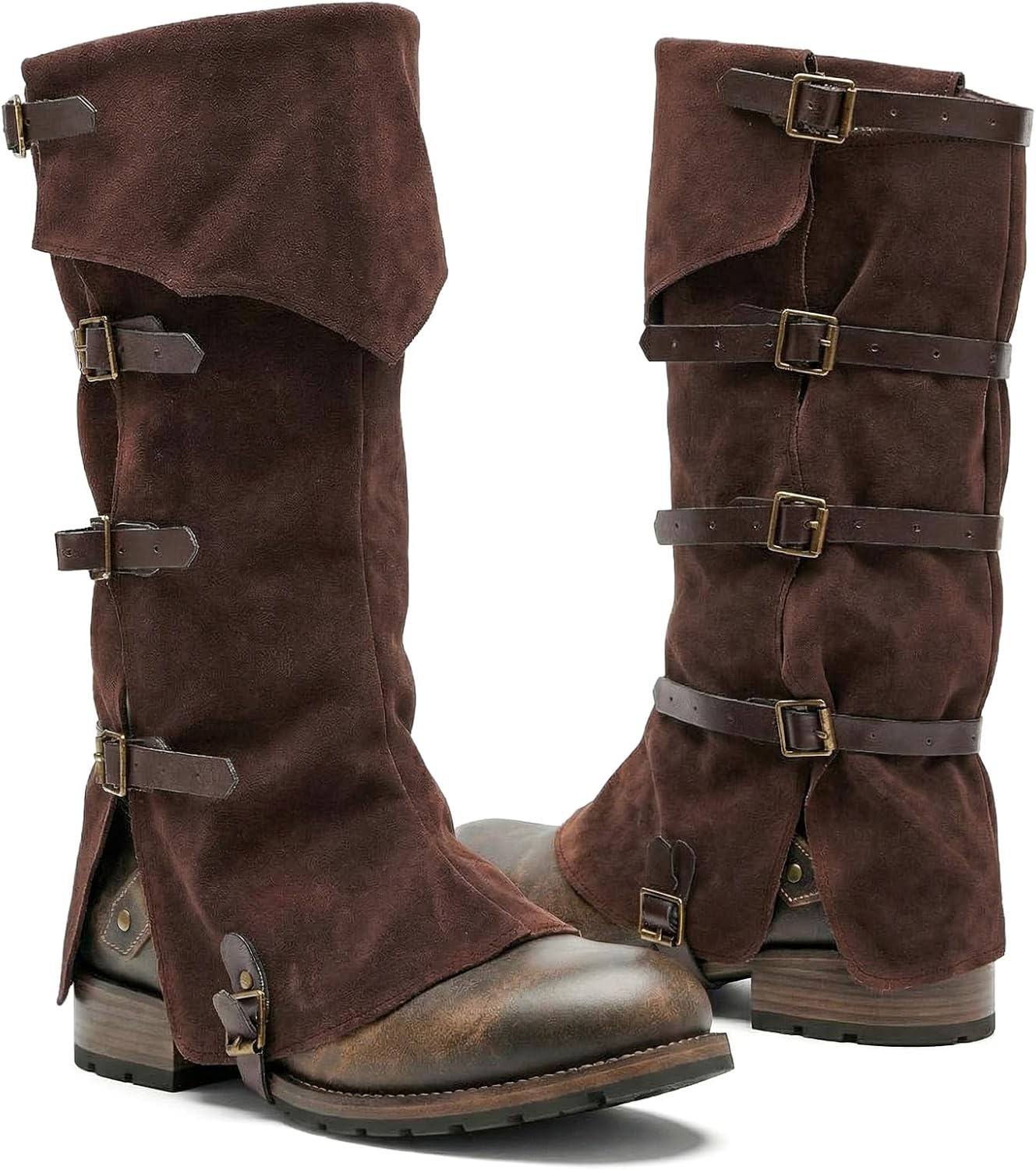Mepase Men's Pirate Medieval Boot Covers, Renaissance Pirate Costume Steampunk Boots Cover Except Shoes, Viking Warrior Knight Armor Leg Gaiters Cosplay Accessory Dark Brown
