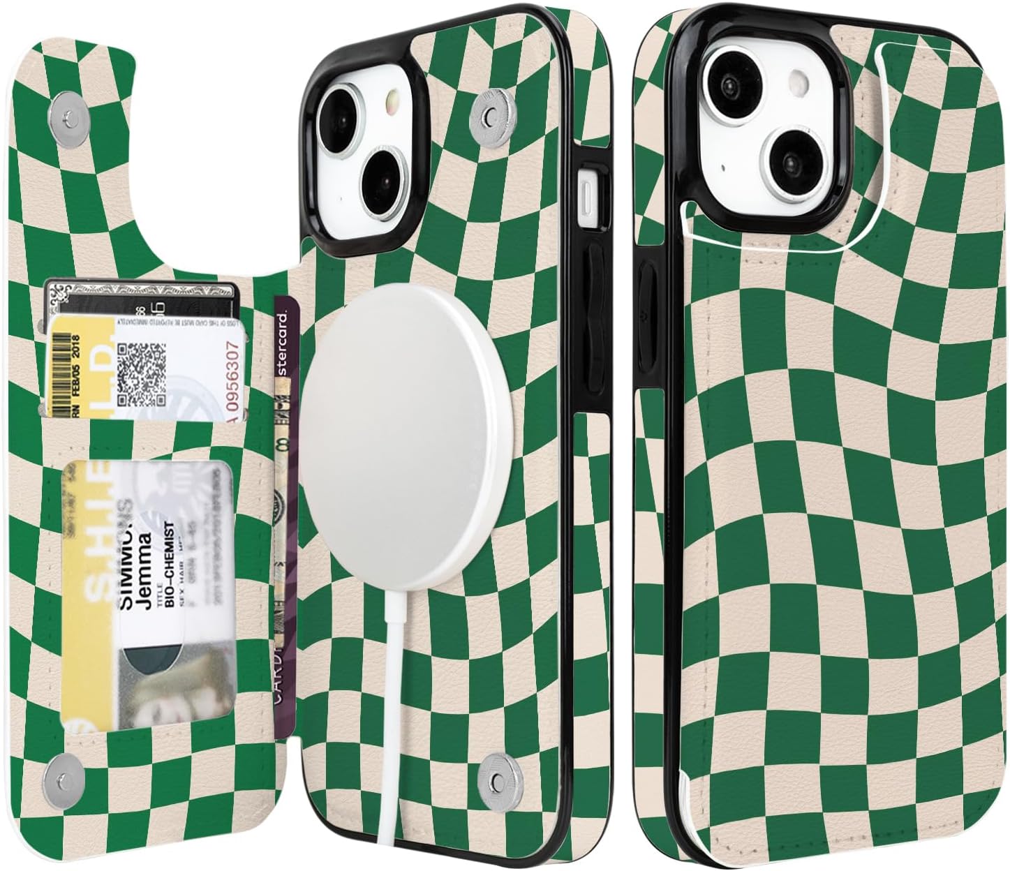 uCOLOR for iPhone 13/14 6.1" Wallet Case Magsafe with Card Holder Slot【Compatible with MagSafe】 Folio Flip PU Leather Double Magnetic RFID Design (Green Checkered)