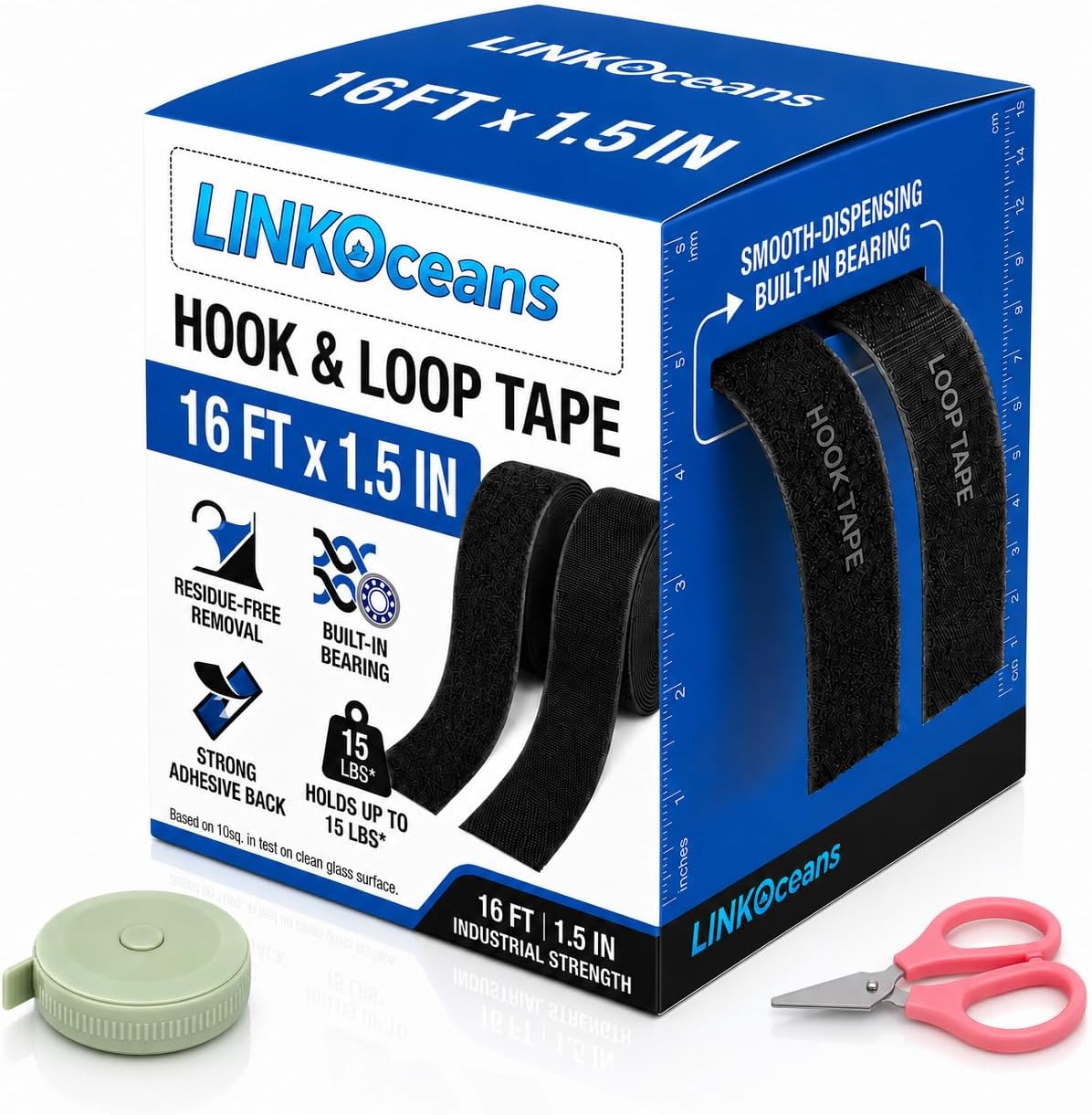 16Ft x 1.5Inch Hook and Loop Strips with Adhesive, Double Rolls of Heavy Duty Self Adhesive Tape with Backing, Nylon Self Adhesive Tape for Home Office School and Crafting,Black