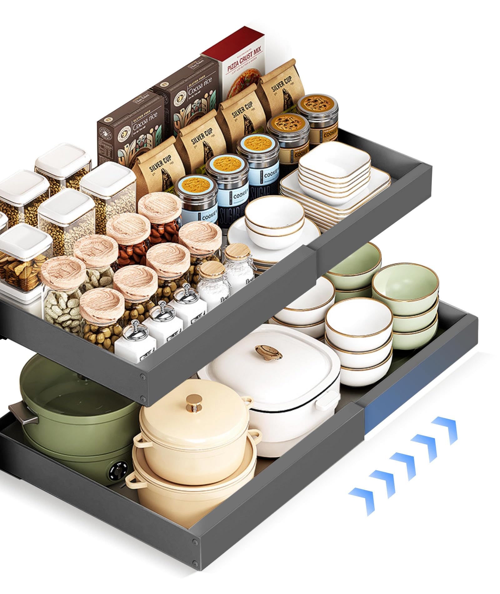 Lot de 2 organiseurs d'armoire extensibles - Tiroir télescopique pour équiper - Pas de perçage ni de clouage nécessaire - Tiroir à tirer - Largeur réglable pour la cuisine, la salle de bain, le salon