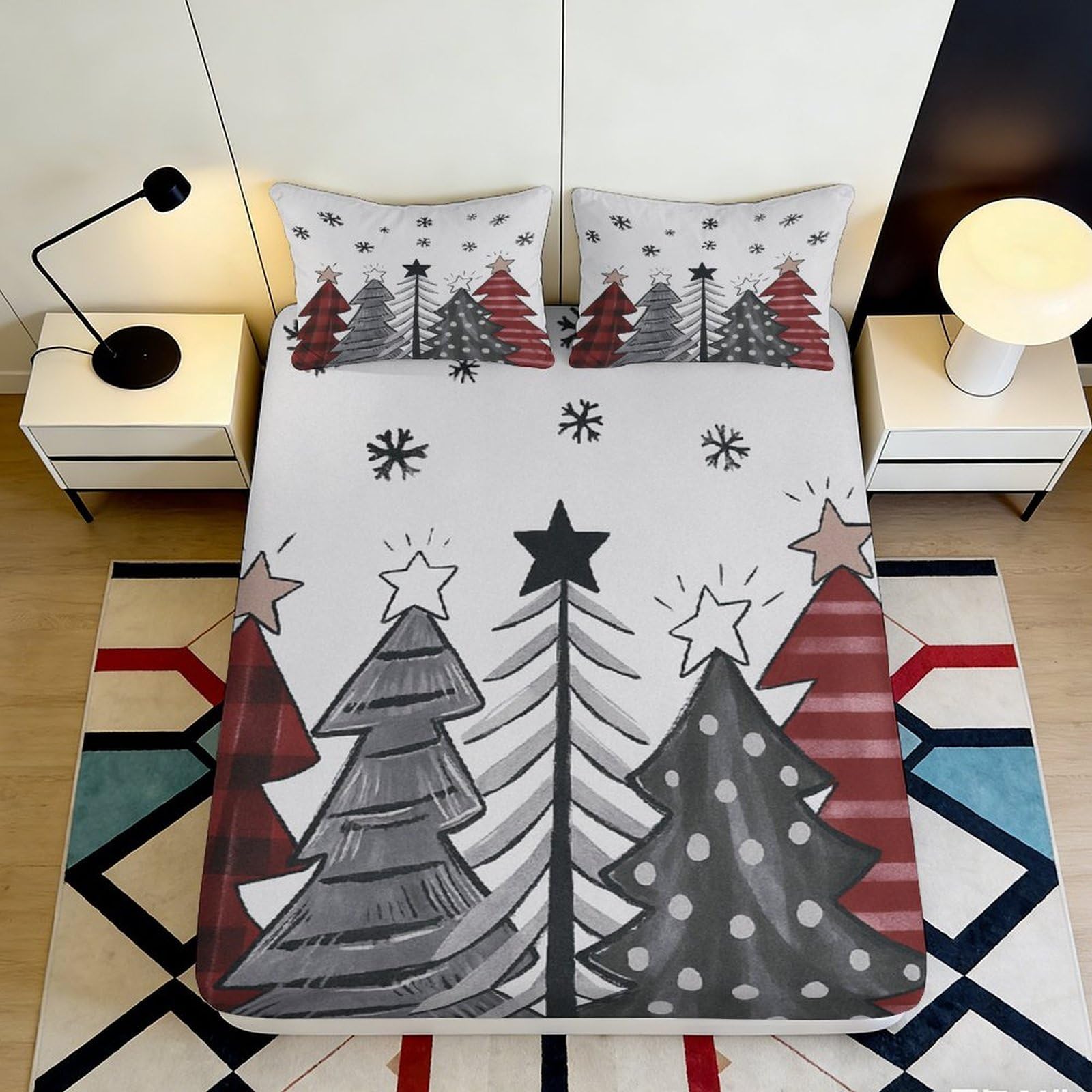 Uxinyoume Style-1 3D Printed Christmas Tree Fitted Sheet Microfiber Red Grey Bed Cover For Bedroom Guest Room Easy Care Decor 90X200x25cm
