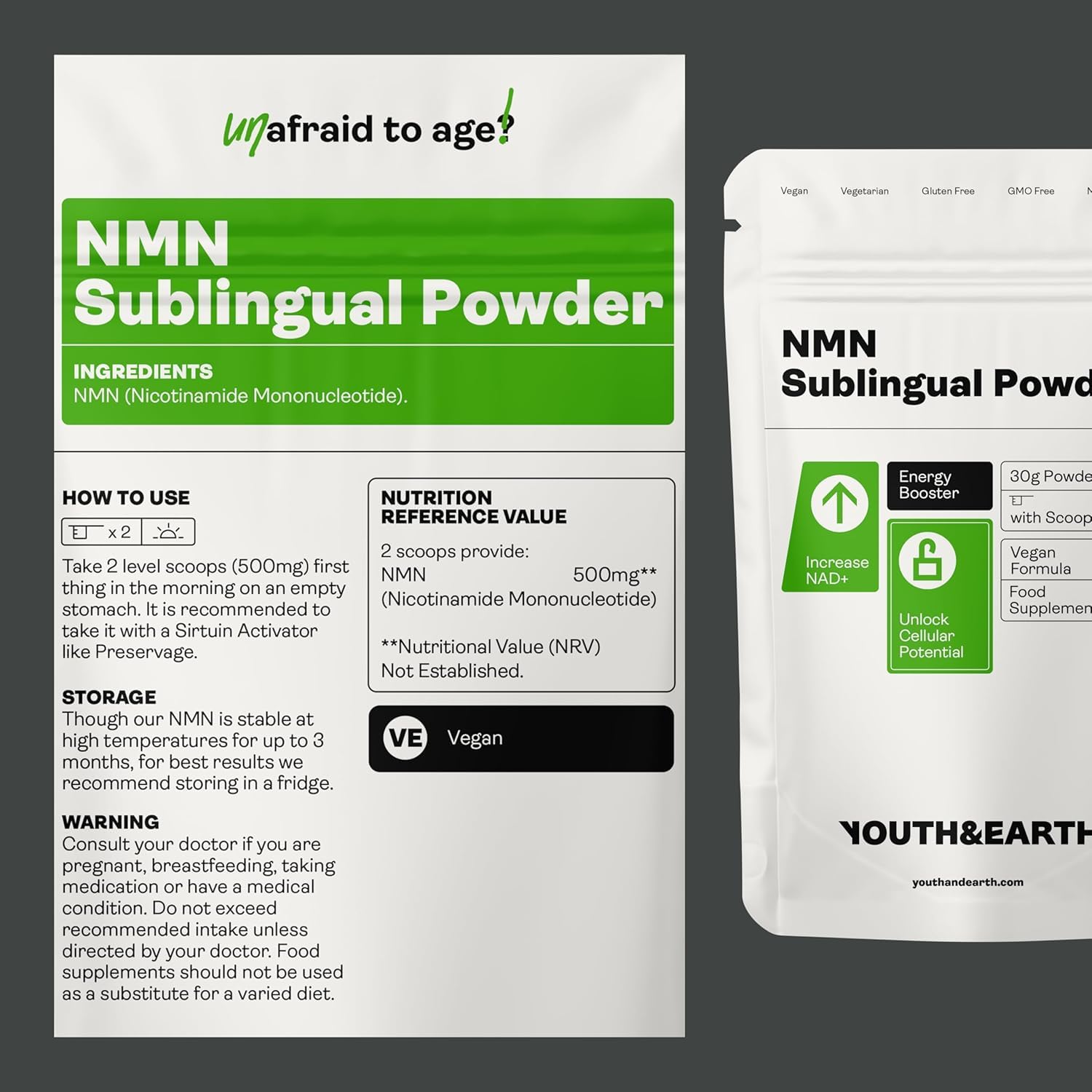 Youth & Earth NAD Polvo Sublingual, 30 g, 60-120 Porciones | Apoyo Energético Y Metabólico, Polvo Sublingual Puro, Fórmula Para Adultos, 30 g, De 60 A 120 Porciones