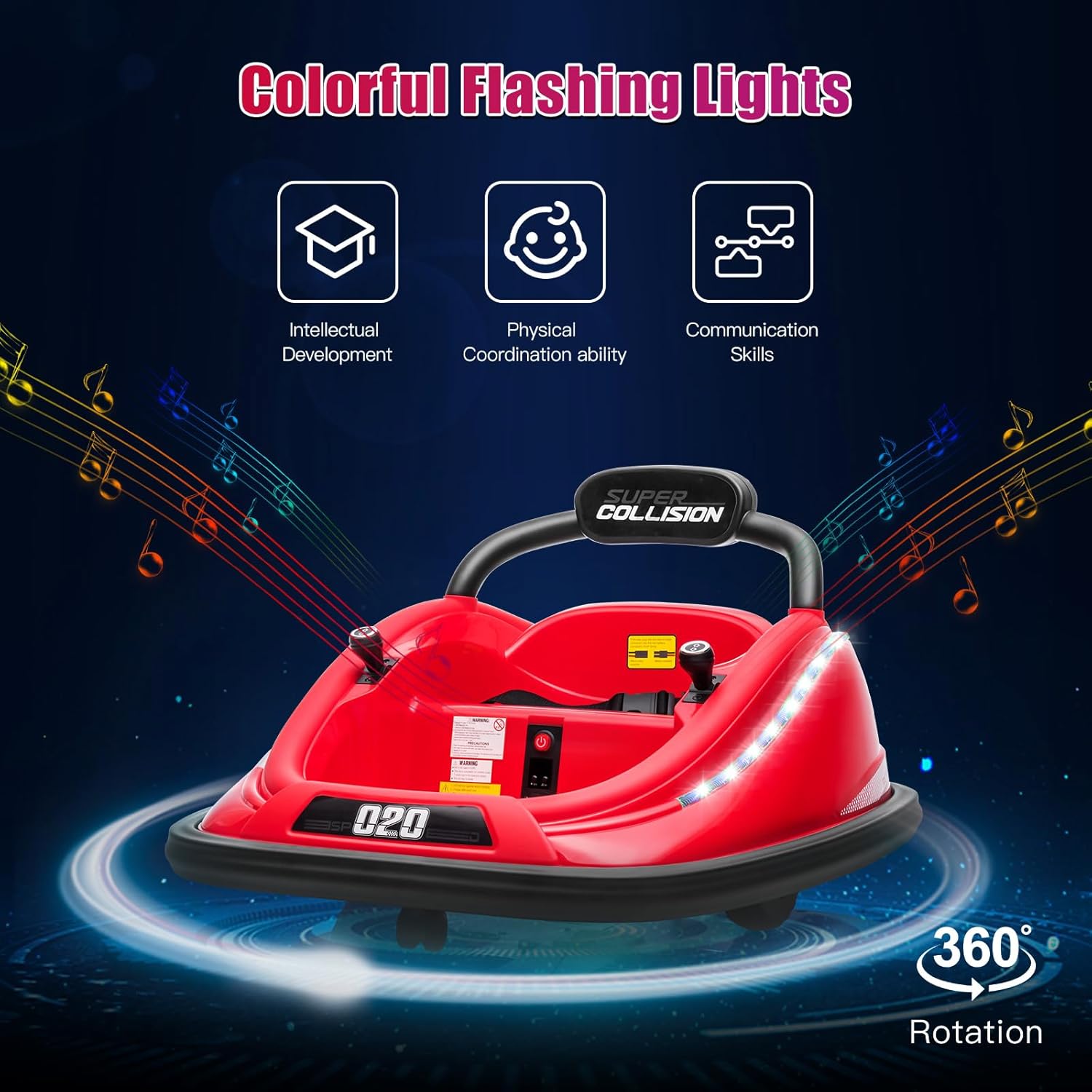 Electric Bumper Car, 12V Electric Ride on Car for Kids with Remote, 360 Degree Spin, 2-Speed, Music, LED Lights, Ages 1.5-8 Years Old, Bumper Car for Toddlers (Red)