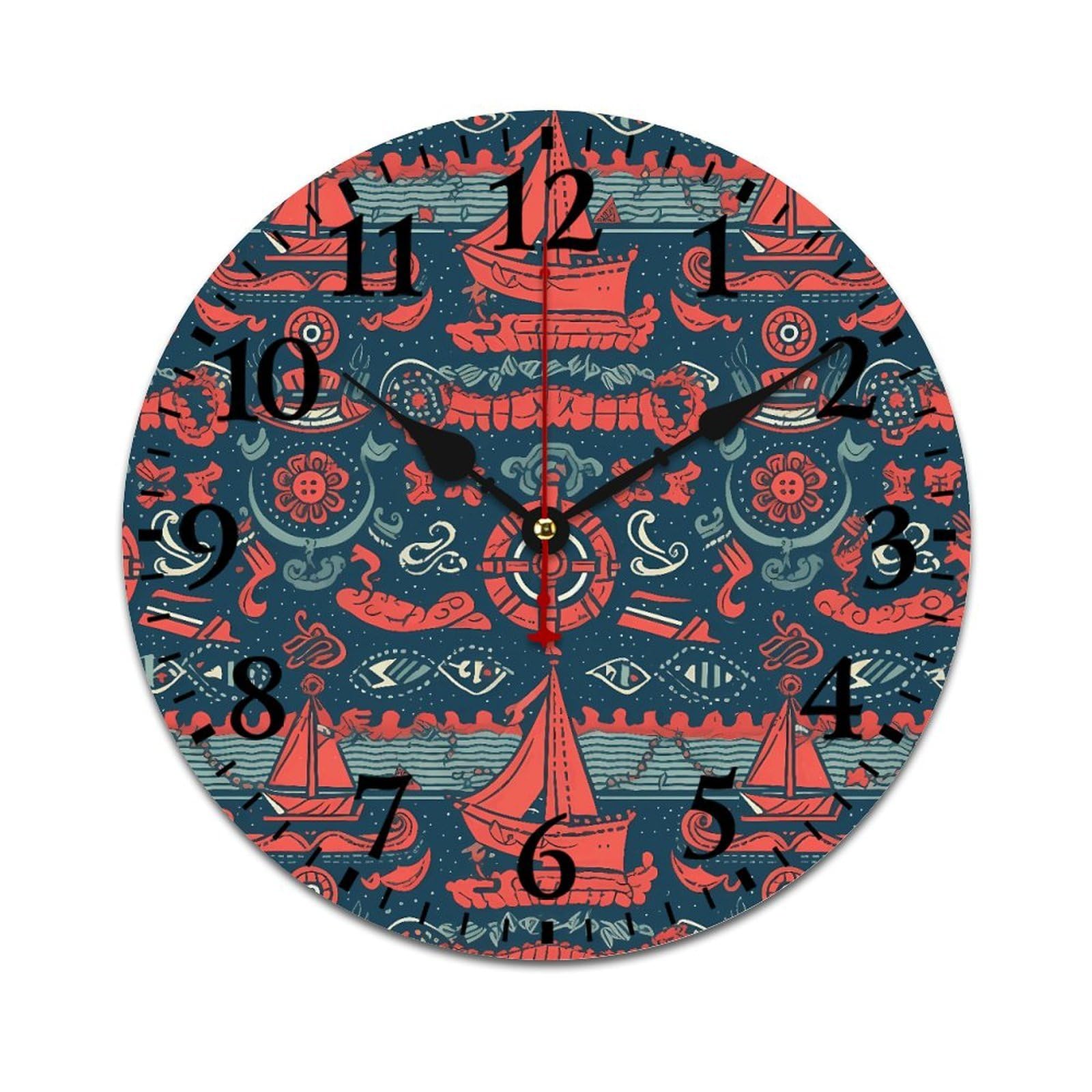 NTVOWPZO 10 Inch Wall Clock Wooden Sailboat Pattern Battery Operated Wall Clocks Silent Non-Ticking Square Wall Clock for Living Room Kitchen Home Office Wall Decorative Clocks